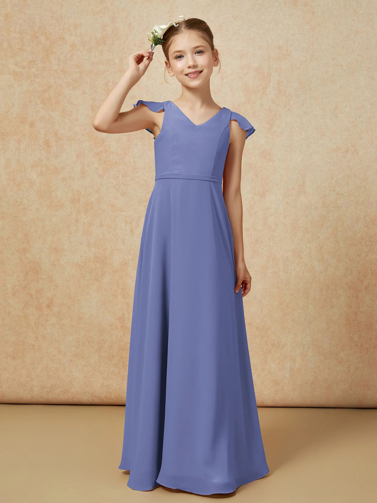 Flutter Sleeves Chiffon A-Line Junior Bridesmaid Dresses Periwinkle - Image 6