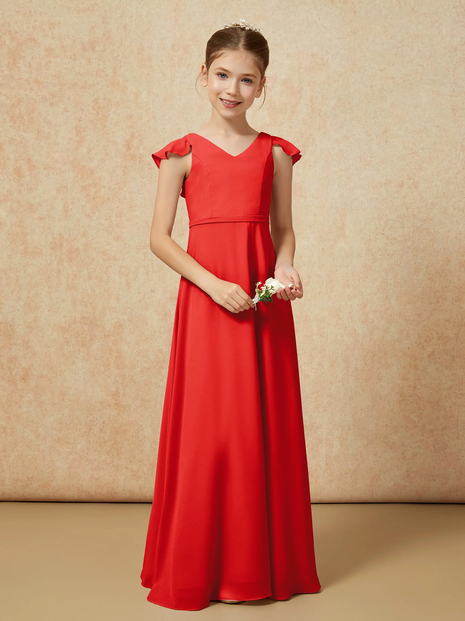 Flutter Sleeves Chiffon A-Line Junior Bridesmaid Dresses Red - Image 5