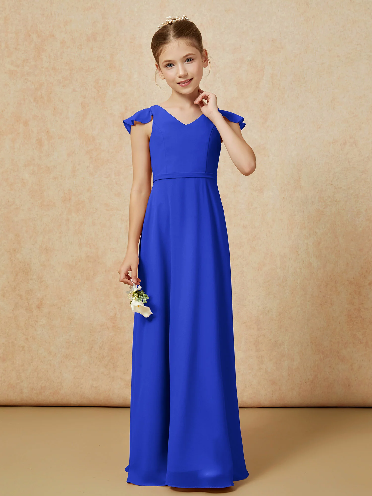 Flutter Sleeves Chiffon A-Line Junior Bridesmaid Dresses Royal Blue - Image 4