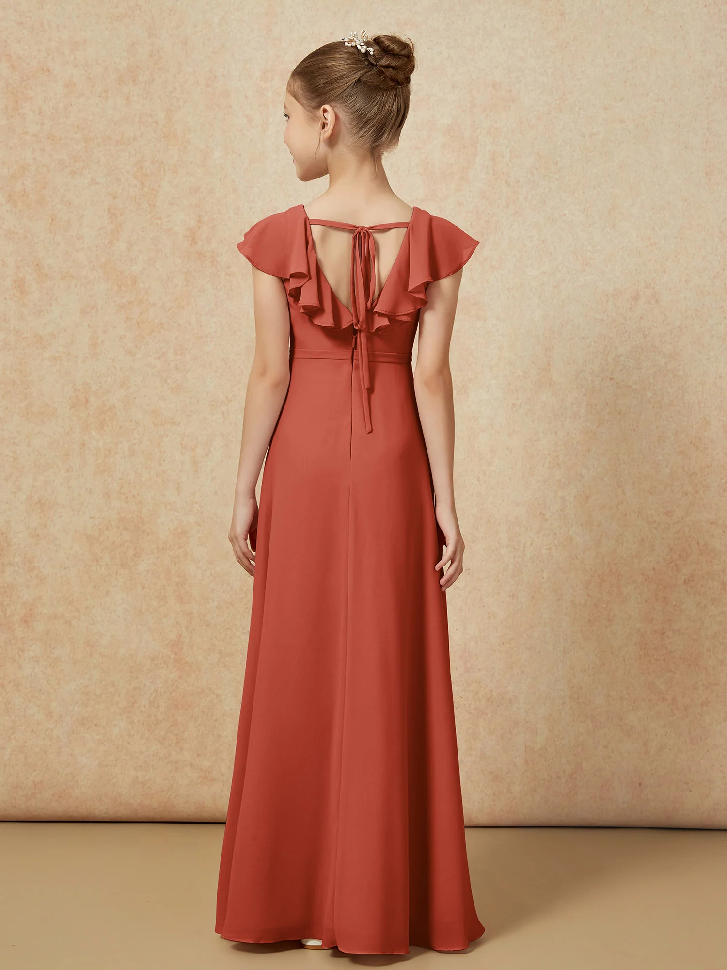 Flutter Sleeves Chiffon A-Line Junior Bridesmaid Dresses Rust - Image 2