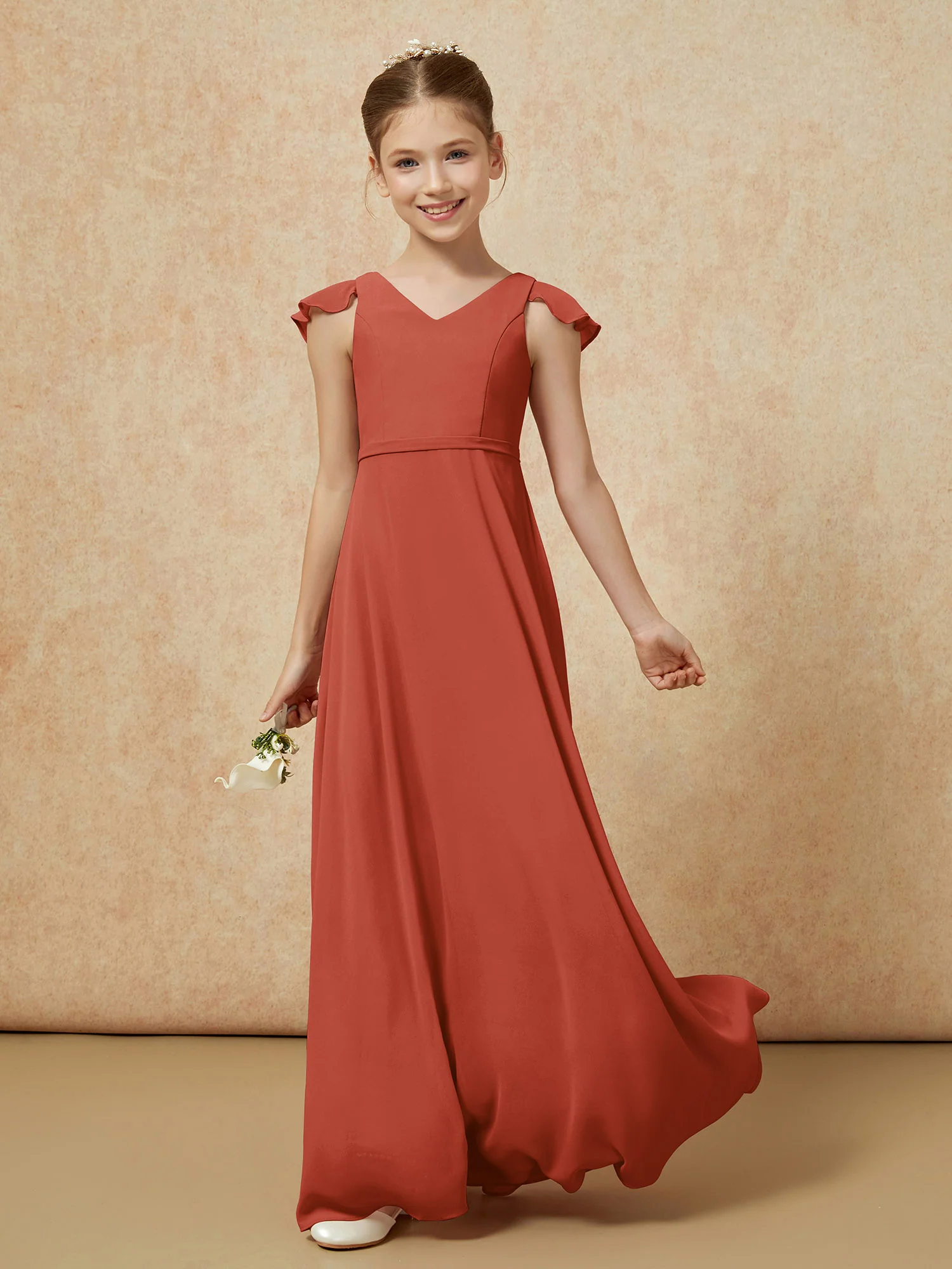 Flutter Sleeves Chiffon A-Line Junior Bridesmaid Dresses Rust - Image 3