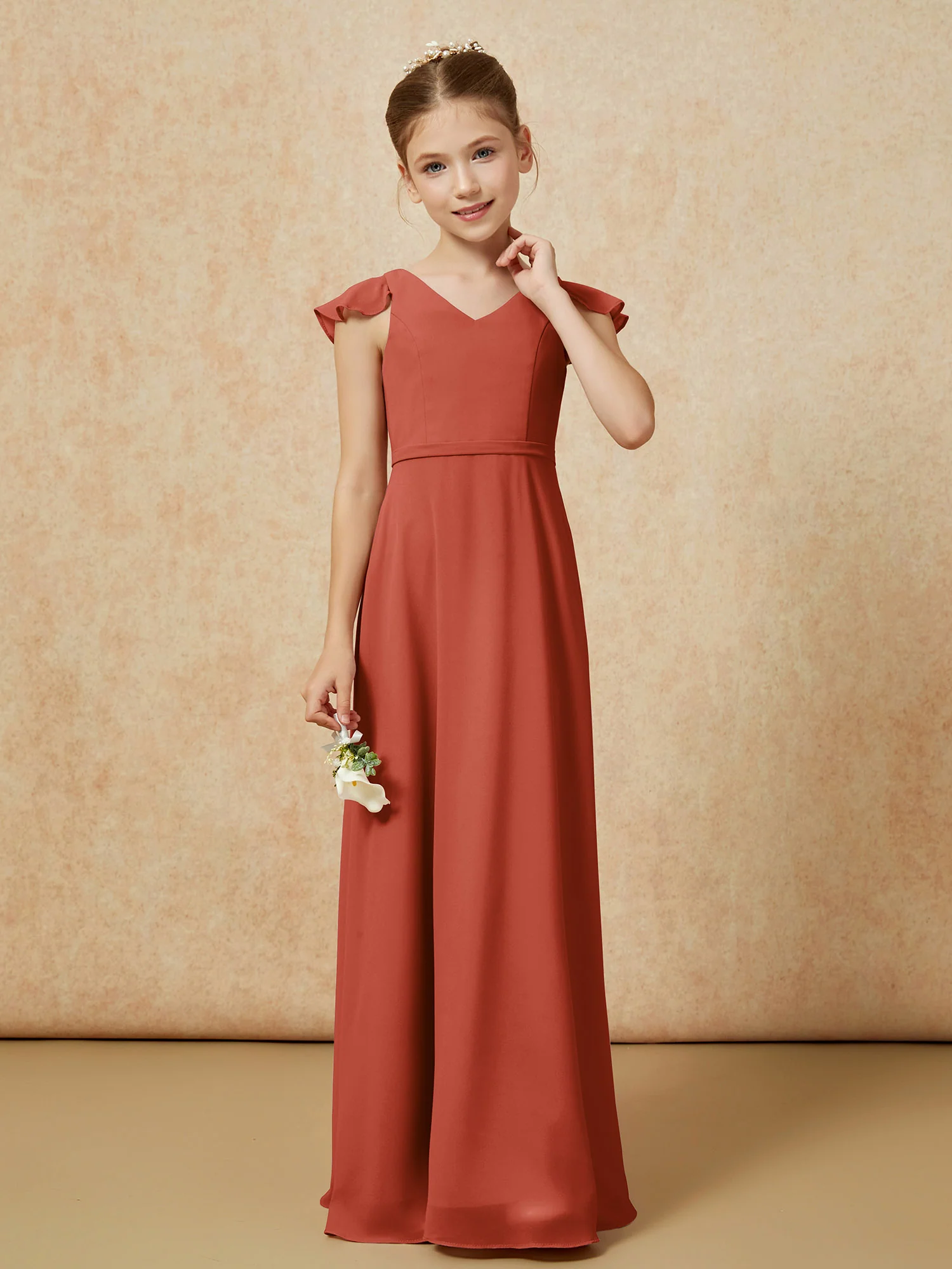 Flutter Sleeves Chiffon A-Line Junior Bridesmaid Dresses Rust - Image 4