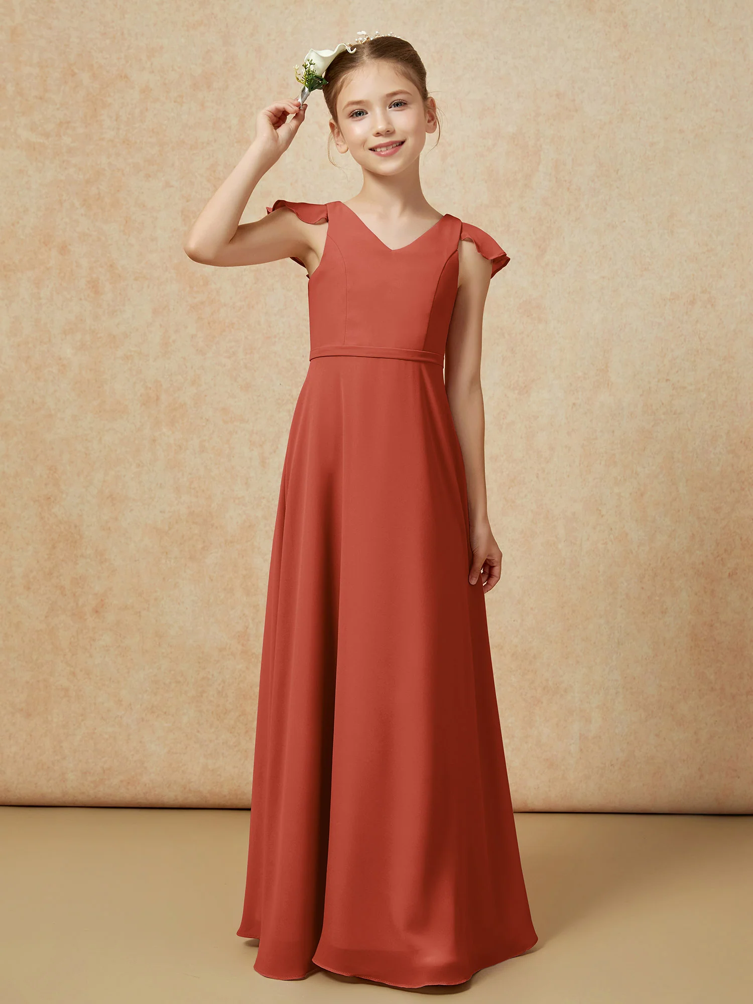 Flutter Sleeves Chiffon A-Line Junior Bridesmaid Dresses Rust - Image 6