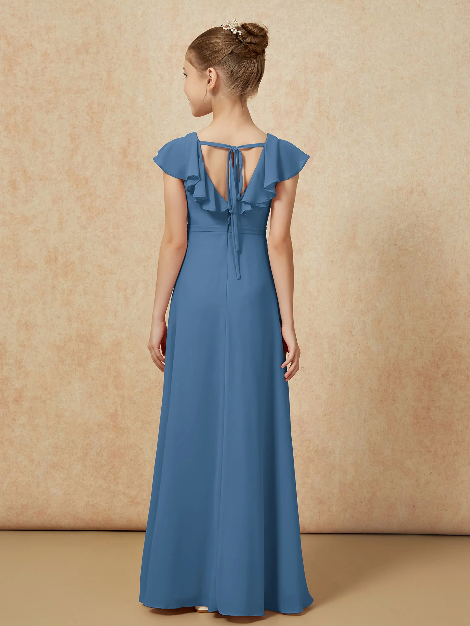 Flutter Sleeves Chiffon A-Line Junior Bridesmaid Dresses Slate Blue - Image 2