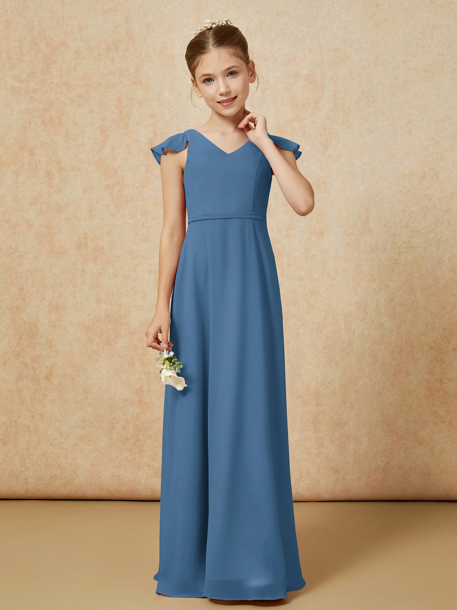 Flutter Sleeves Chiffon A-Line Junior Bridesmaid Dresses Slate Blue - Image 4
