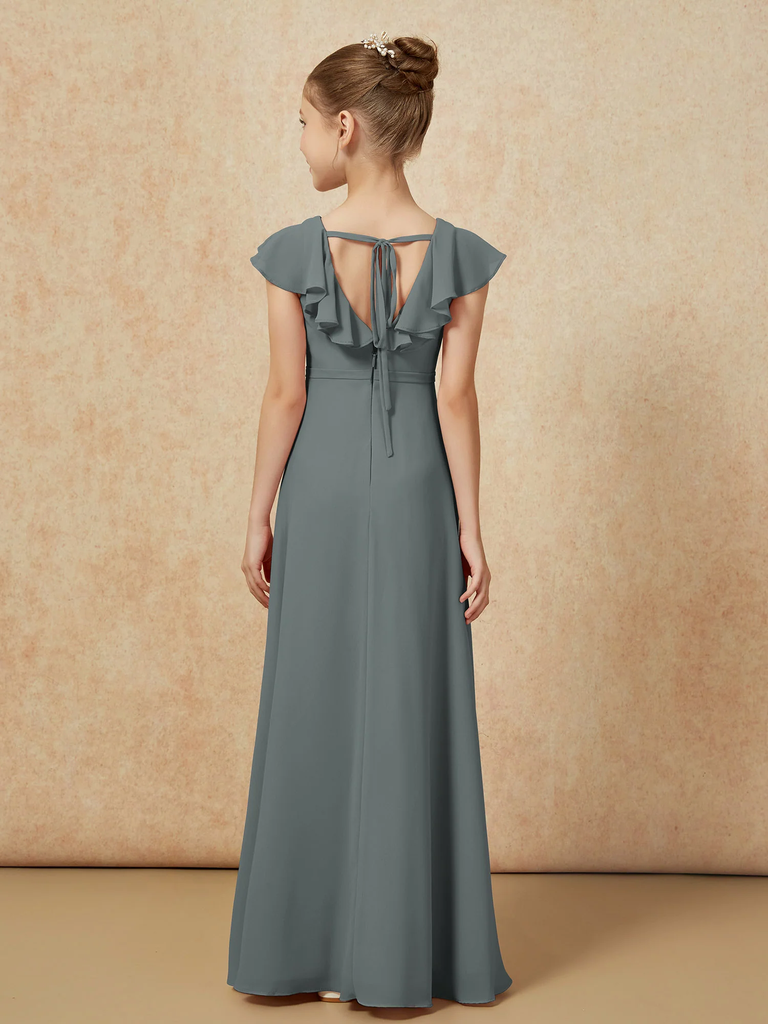 Flutter Sleeves Chiffon A-Line Junior Bridesmaid Dresses Steel Grey - Image 2