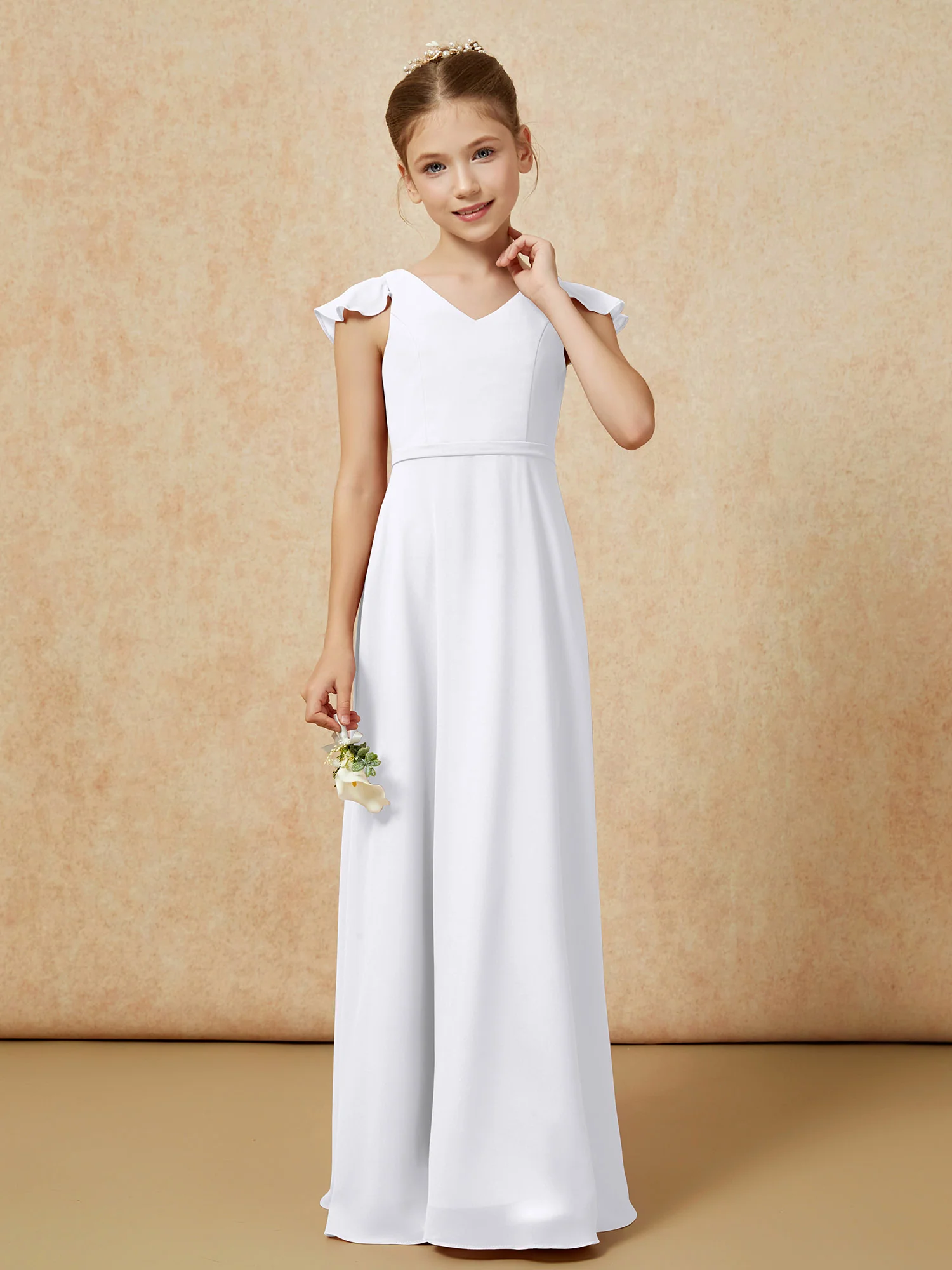 Flutter Sleeves Chiffon A-Line Junior Bridesmaid Dresses White - Image 4