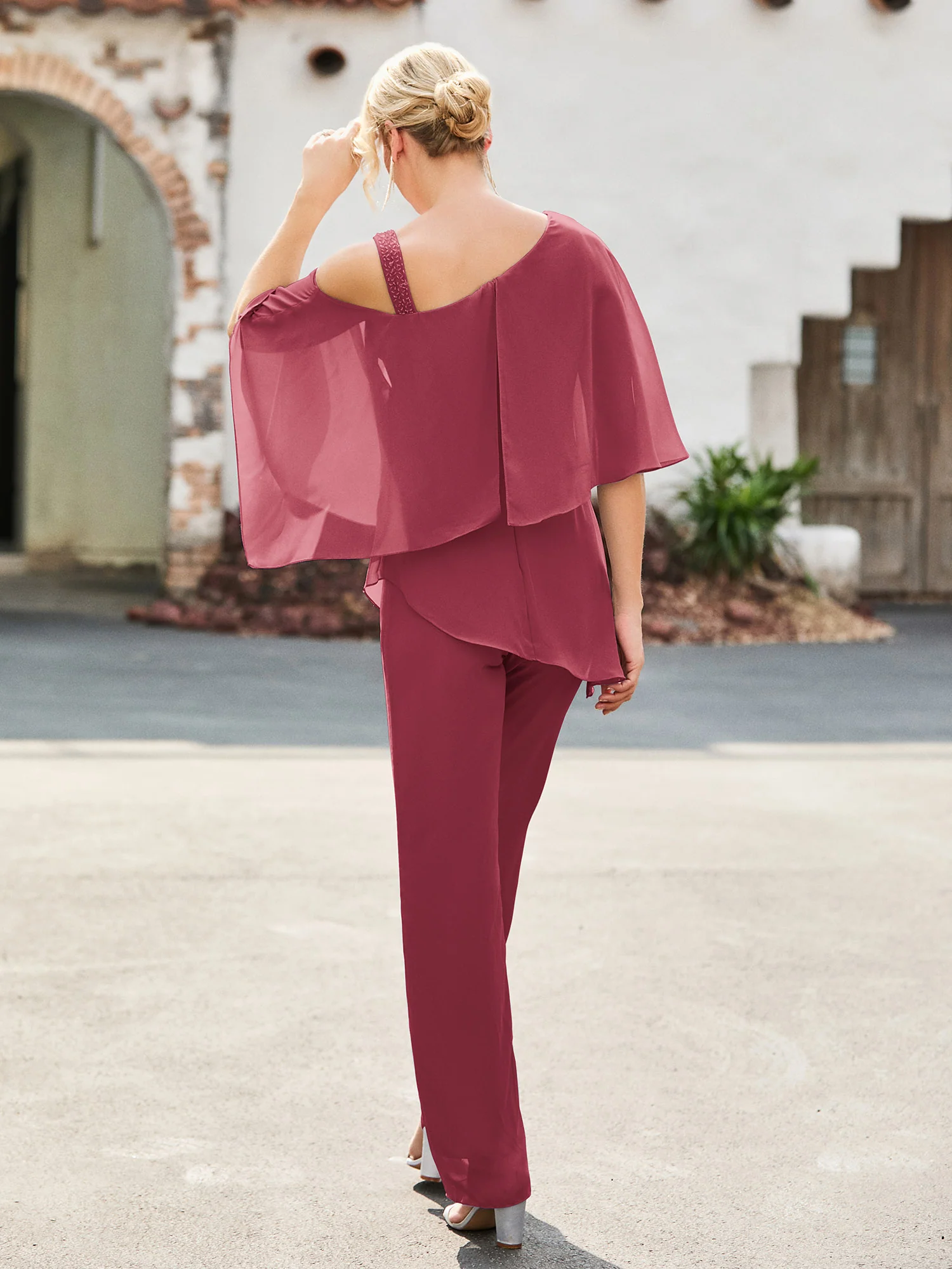Flutter Sleeves Chiffon Pantsuit with Beaded Cinnamon Rose - Image 2
