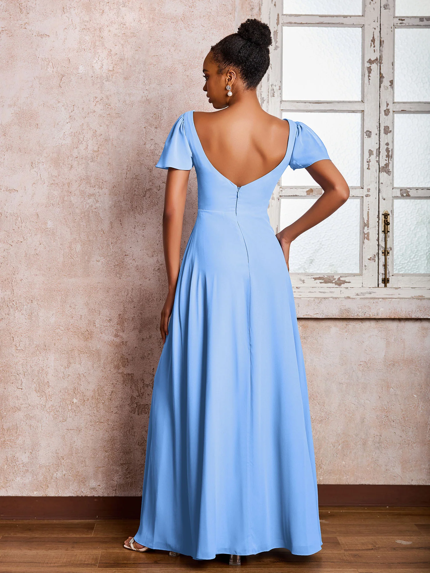 Flutter Sleeves Chiffon Scoop A-line Dresses with Slit Blue - Image 2