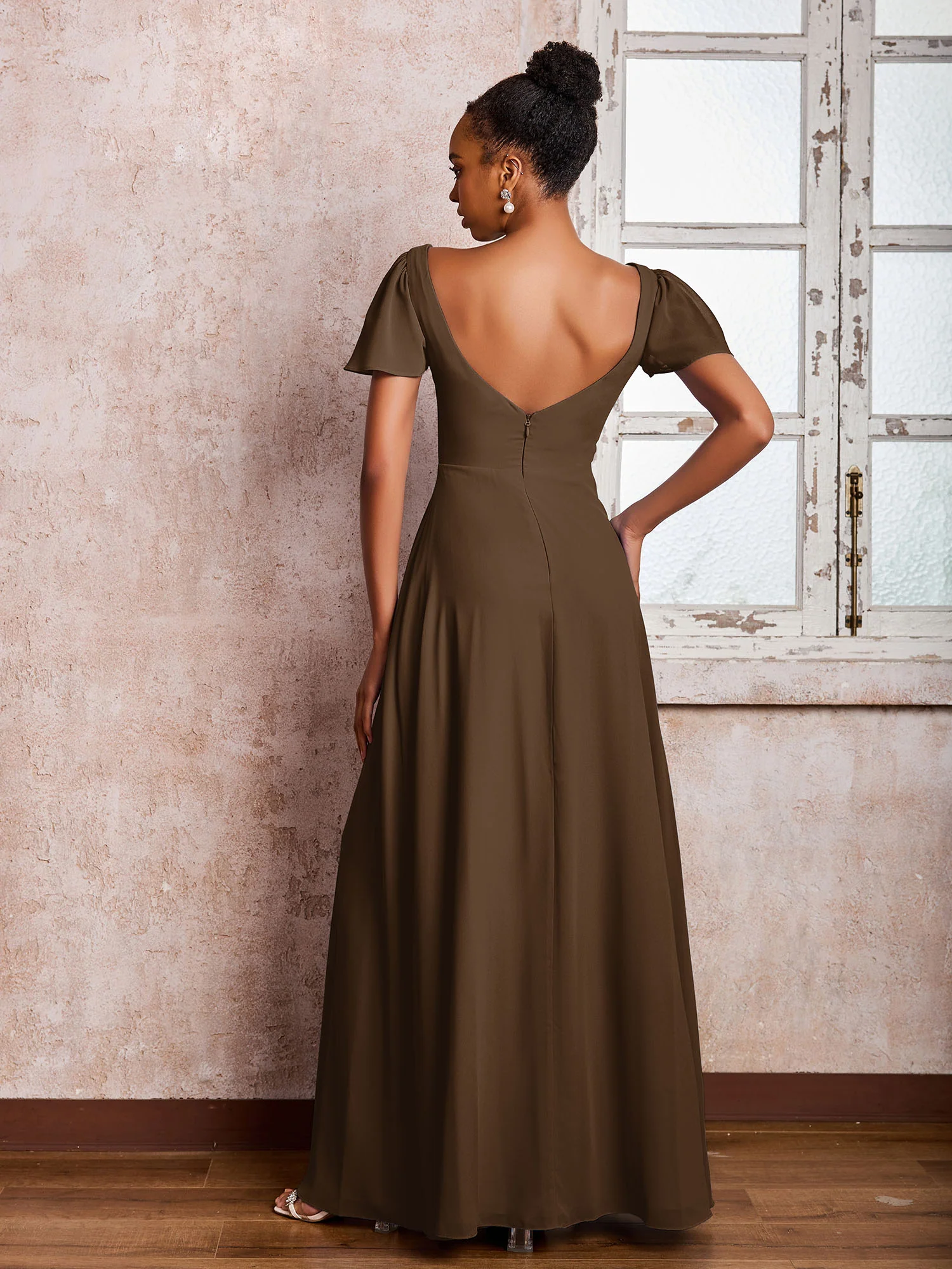 Flutter Sleeves Chiffon Scoop A-line Dresses with Slit Brown - Image 2
