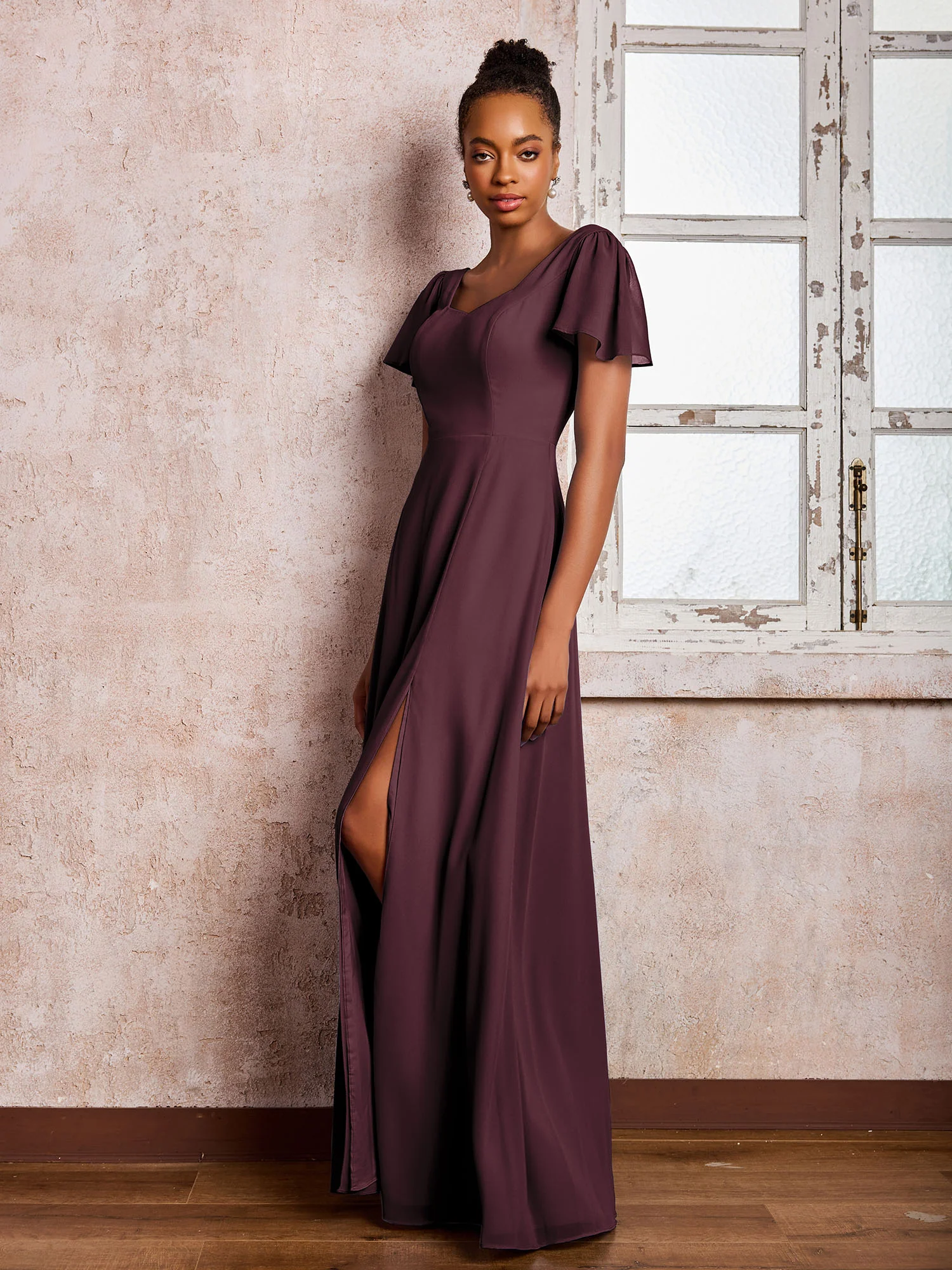 Flutter Sleeves Chiffon Scoop A-line Dresses with Slit Cabernet - Image 3