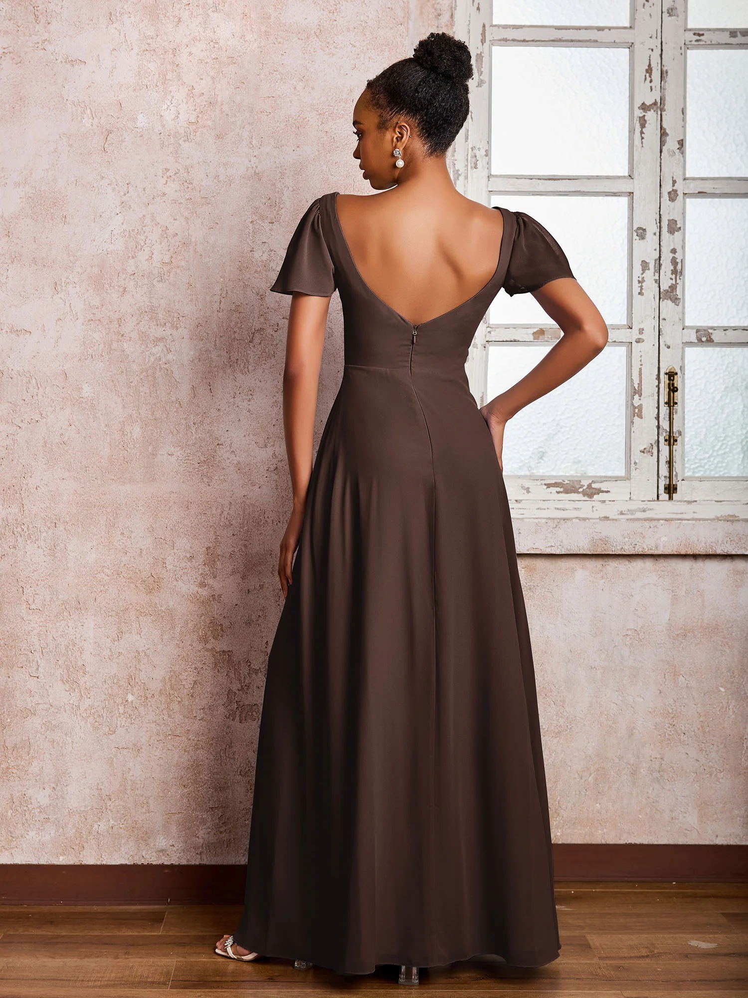 Flutter Sleeves Chiffon Scoop A-line Dresses with Slit Chocolate - Image 2