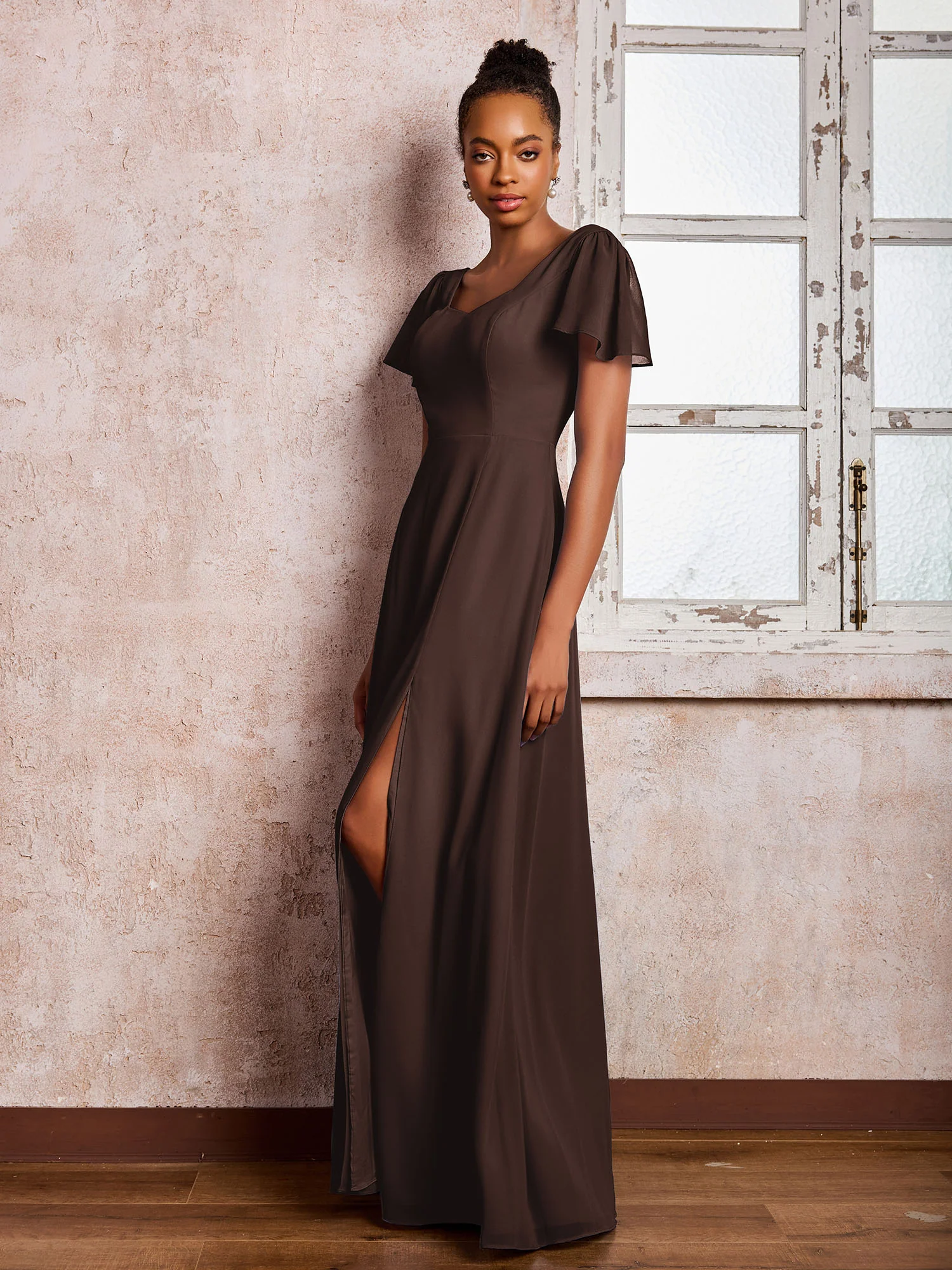 Flutter Sleeves Chiffon Scoop A-line Dresses with Slit Chocolate - Image 3