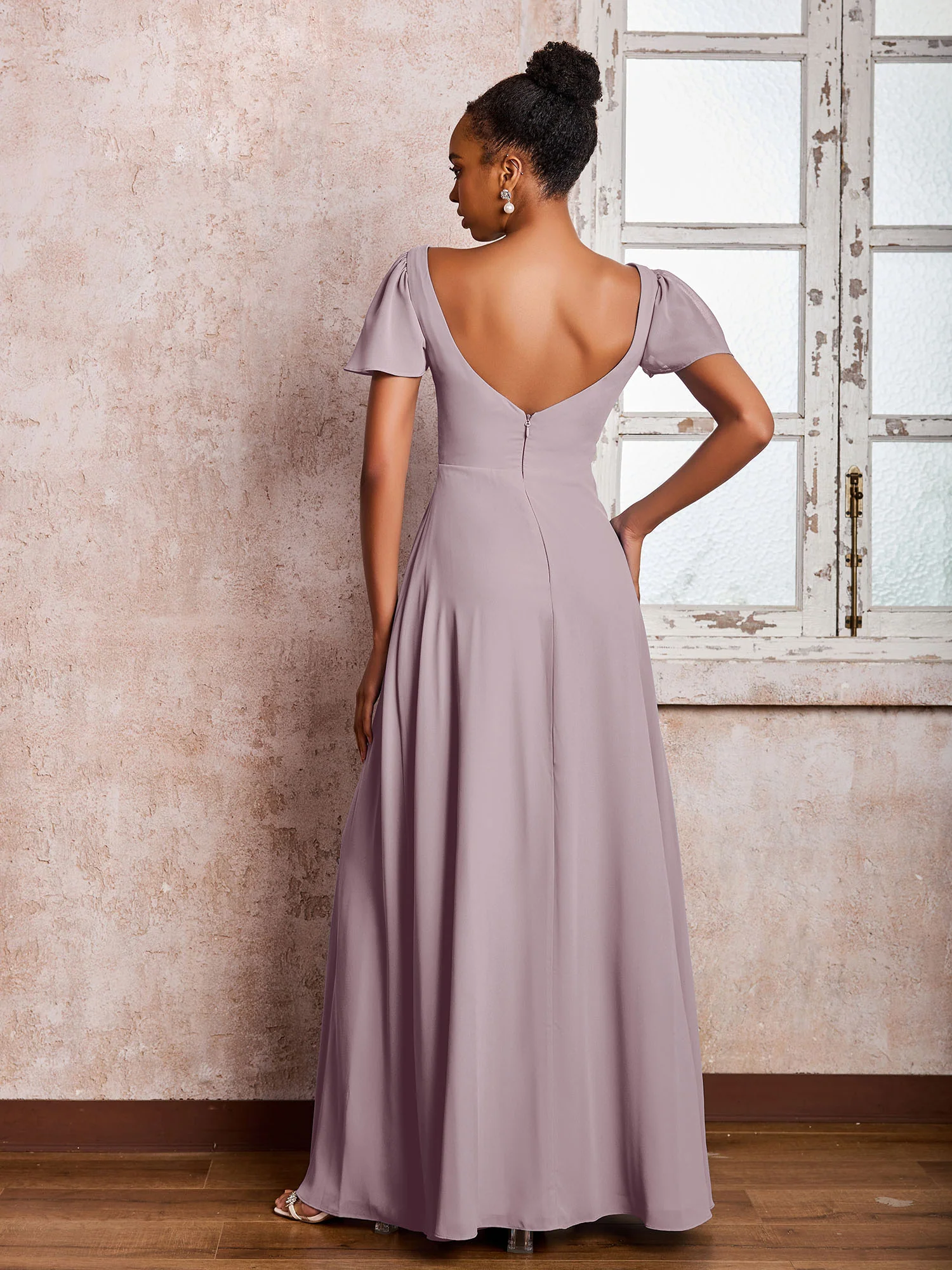 Flutter Sleeves Chiffon Scoop A-line Dresses with Slit Dusk - Image 2