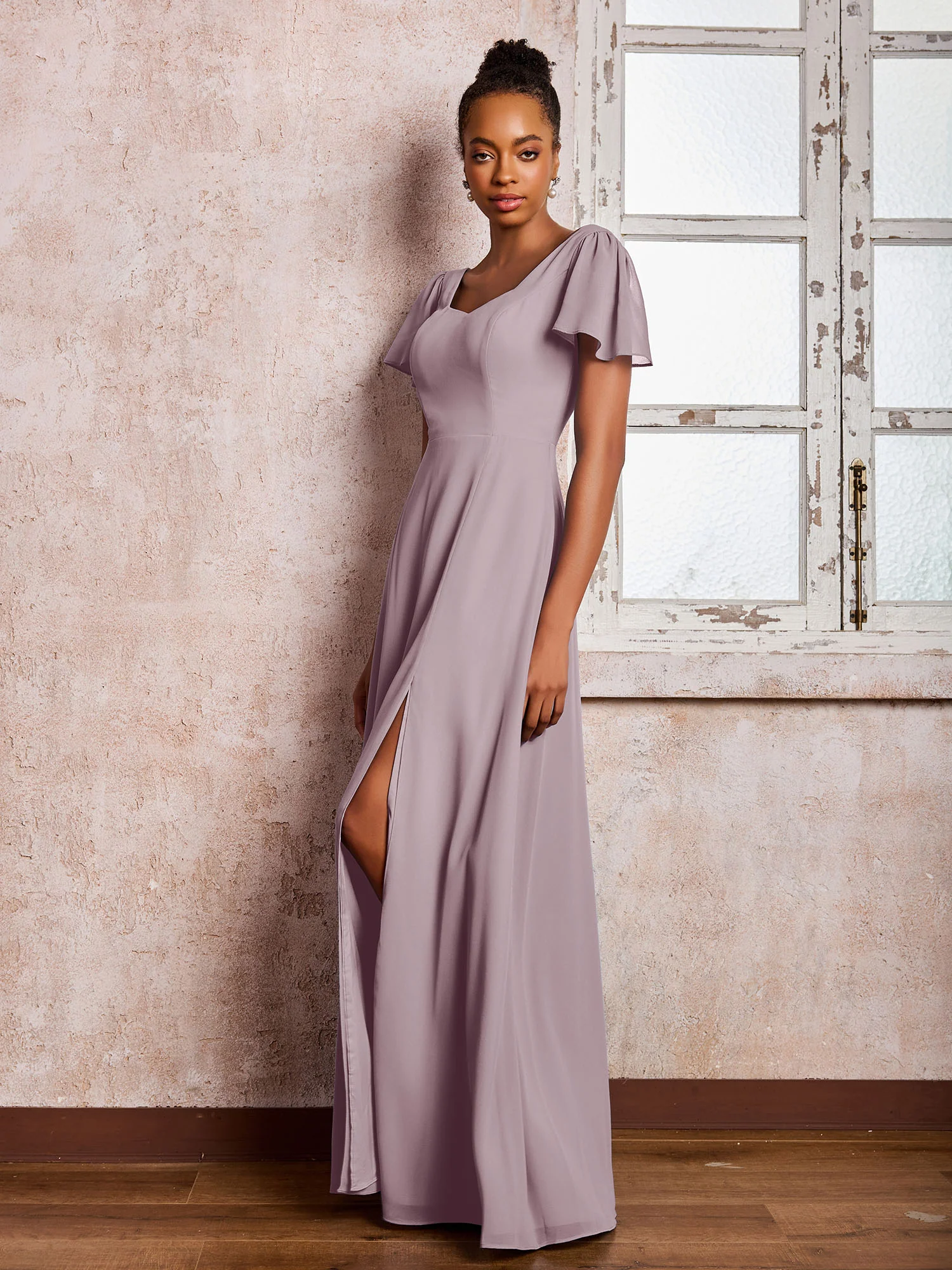 Flutter Sleeves Chiffon Scoop A-line Dresses with Slit Dusk - Image 3
