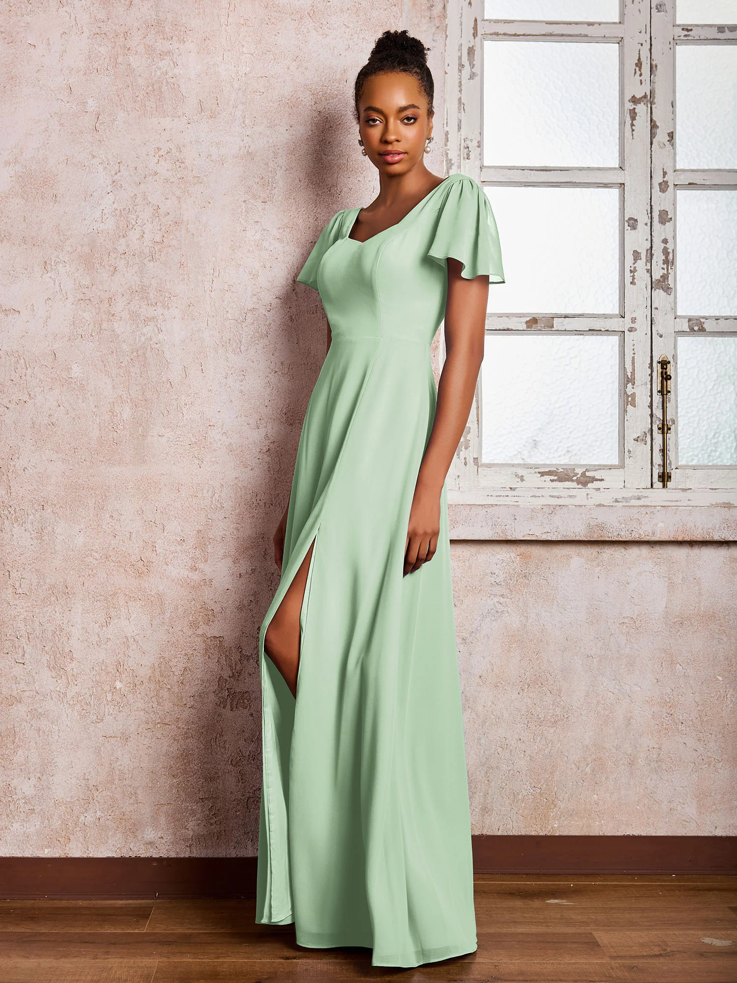 Flutter Sleeves Chiffon Scoop A-line Dresses with Slit Dusty Sage - Image 3