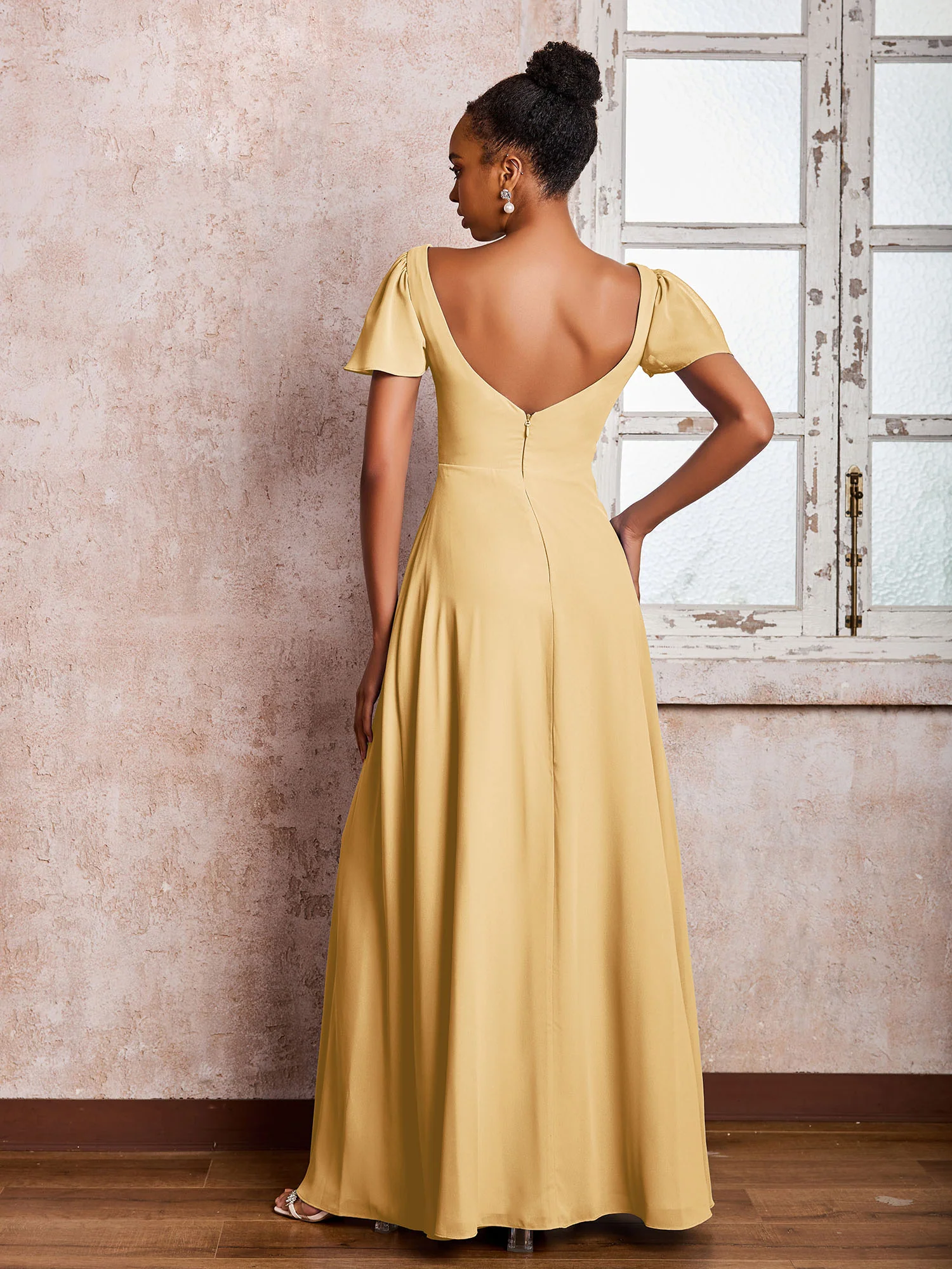Flutter Sleeves Chiffon Scoop A-line Dresses with Slit Gold - Image 2