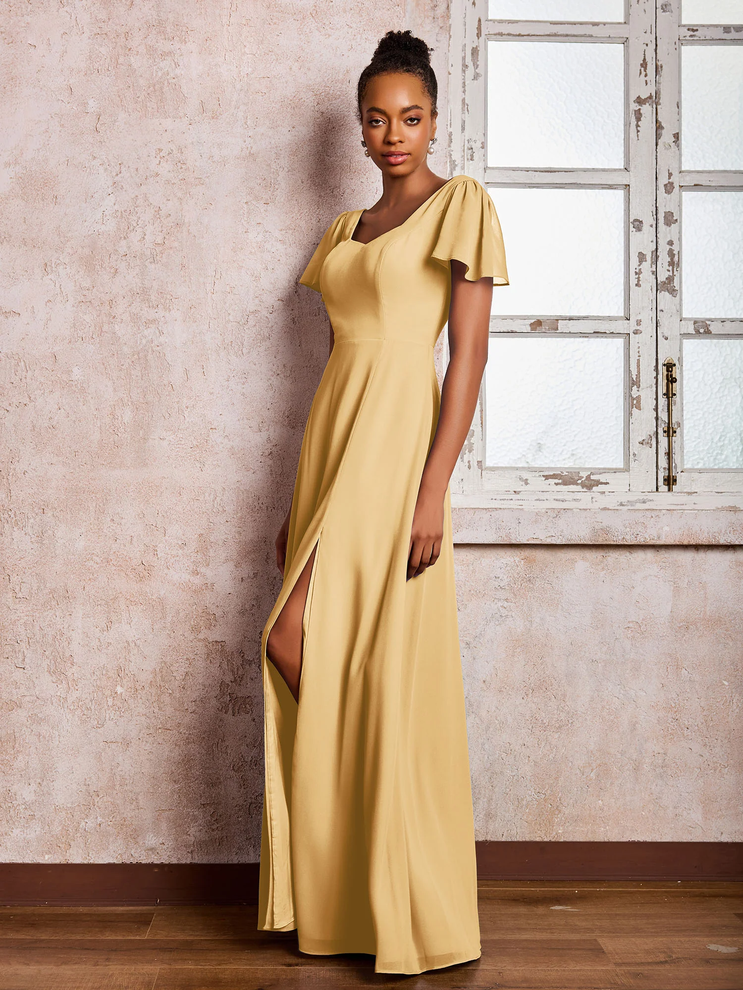 Flutter Sleeves Chiffon Scoop A-line Dresses with Slit Gold - Image 3