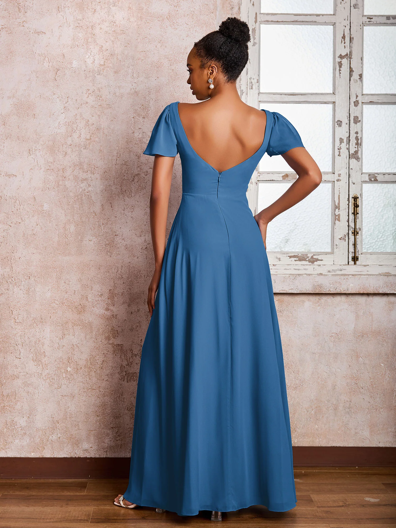 Flutter Sleeves Chiffon Scoop A-line Dresses with Slit Ink Blue - Image 2