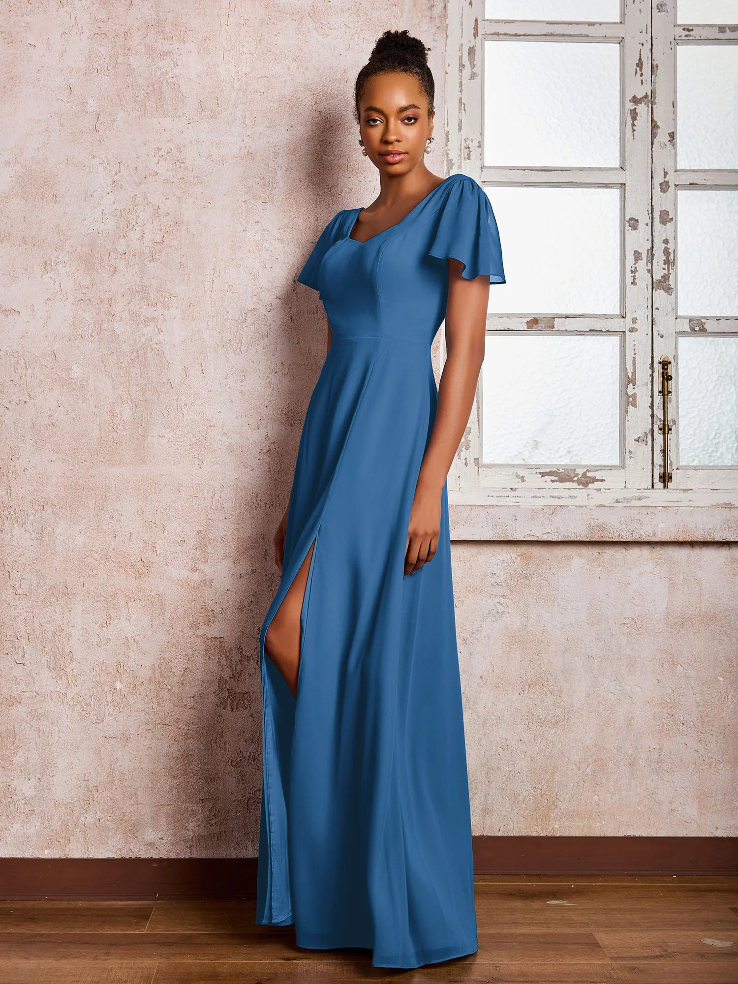 Flutter Sleeves Chiffon Scoop A-line Dresses with Slit Ink Blue - Image 3