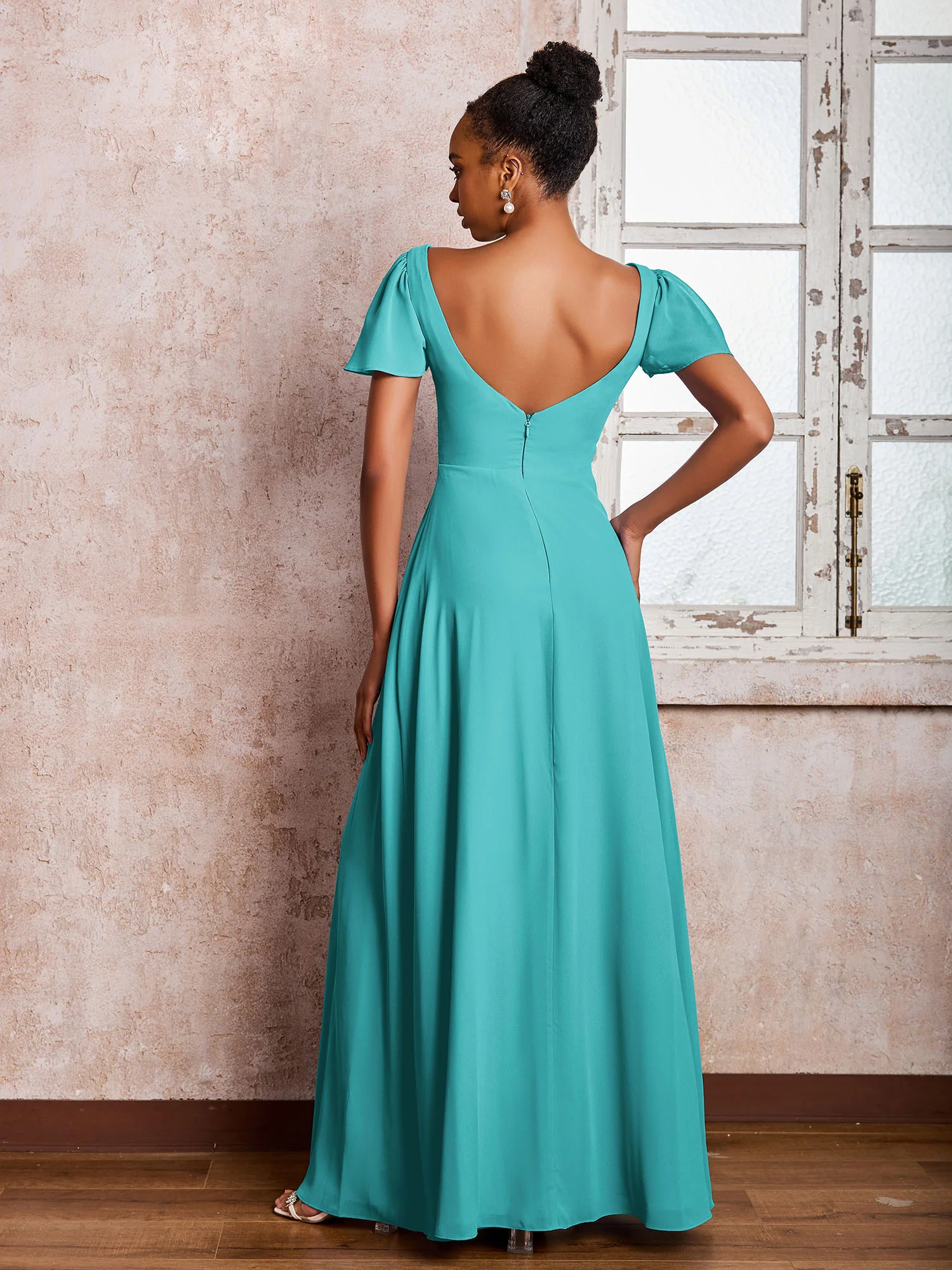 Flutter Sleeves Chiffon Scoop A-line Dresses with Slit Jade - Image 2