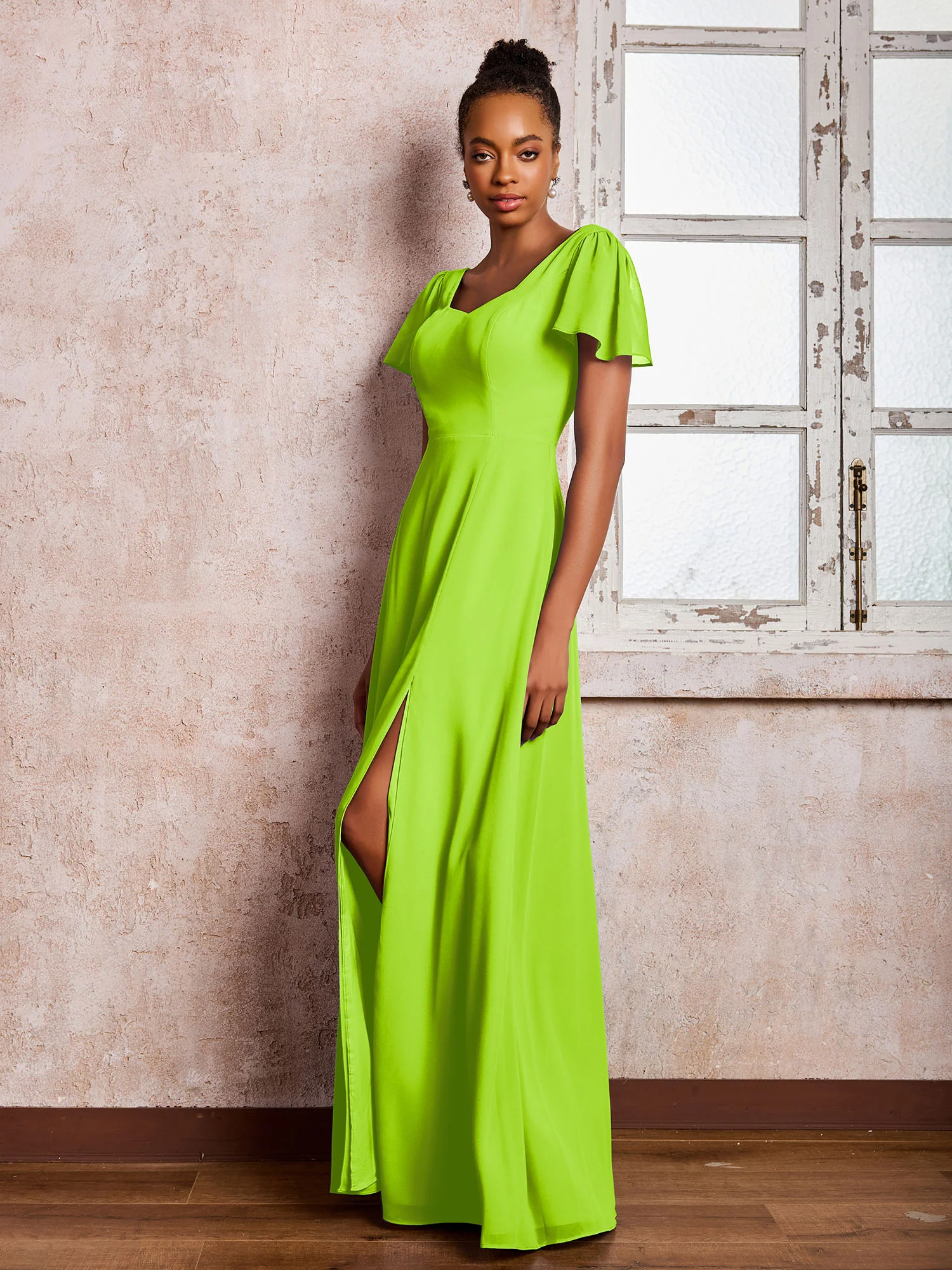 Flutter Sleeves Chiffon Scoop A-line Dresses with Slit Lime Green - Image 3