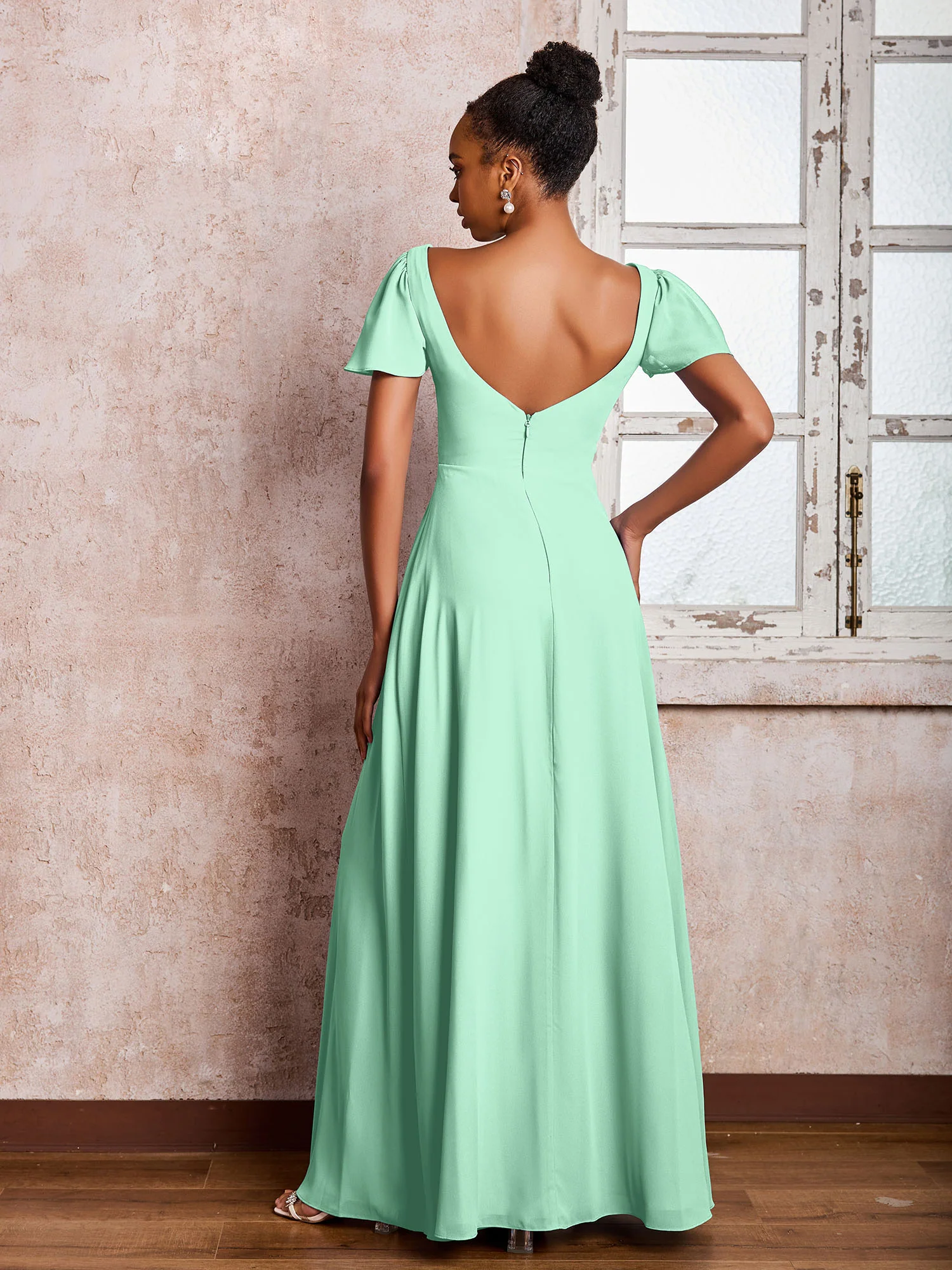 Flutter Sleeves Chiffon Scoop A-line Dresses with Slit Mint Green - Image 2
