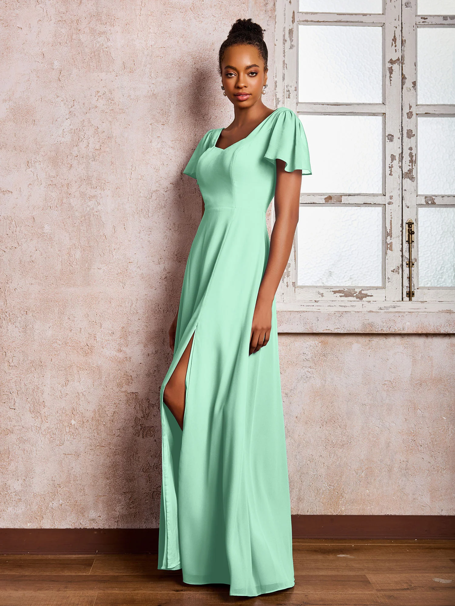 Flutter Sleeves Chiffon Scoop A-line Dresses with Slit Mint Green - Image 3