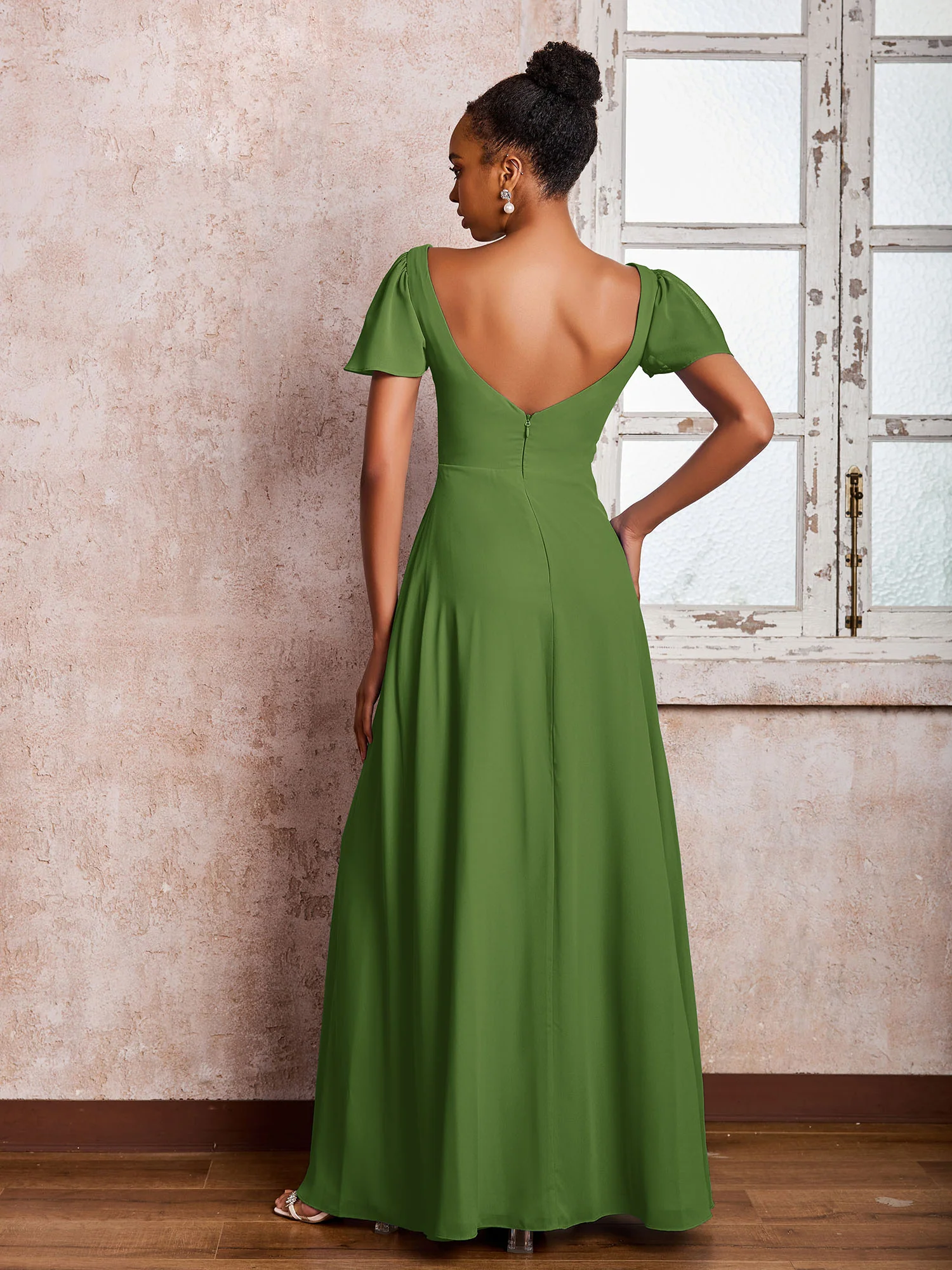 Flutter Sleeves Chiffon Scoop A-line Dresses with Slit Moss - Image 2