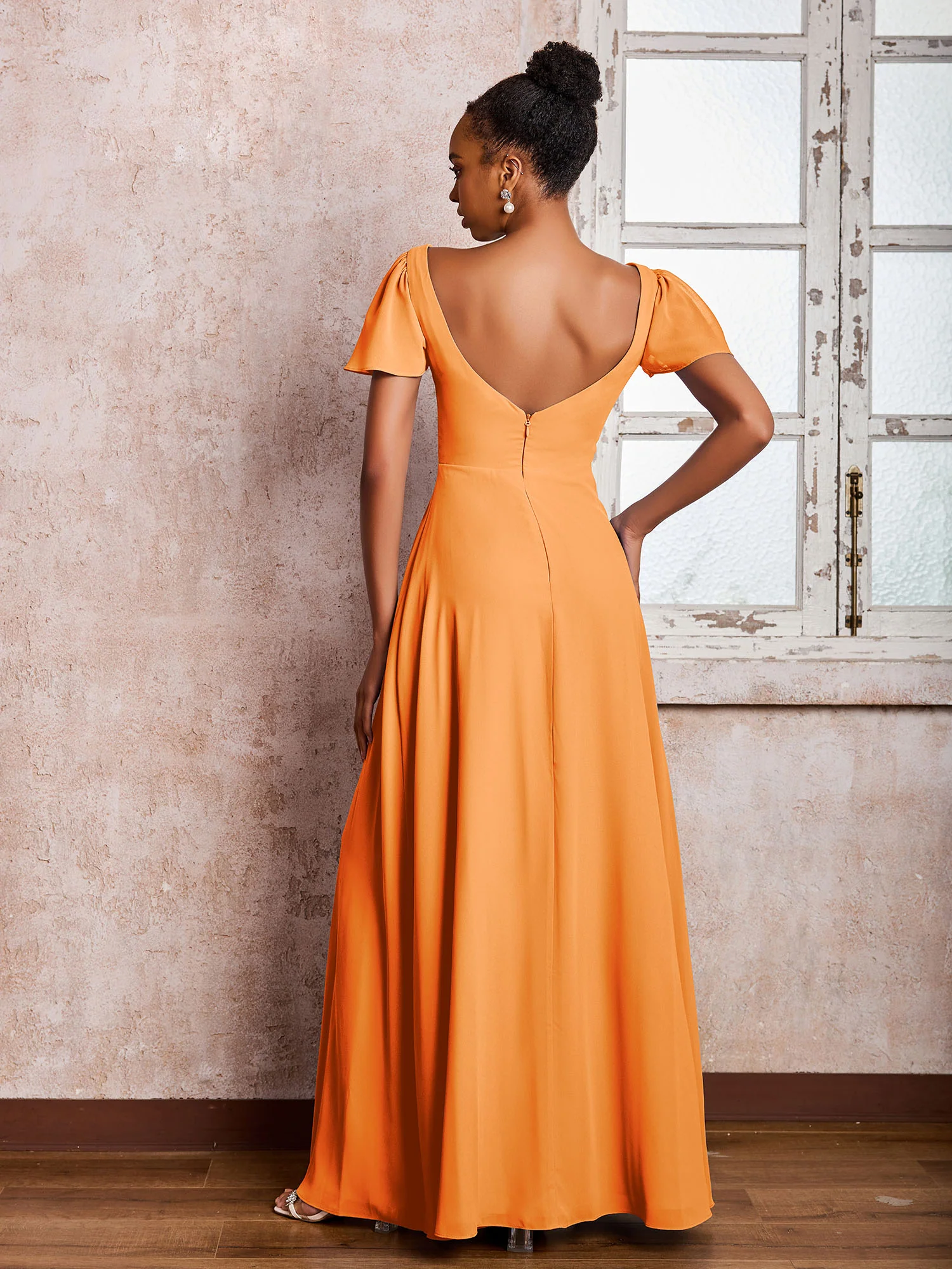 Flutter Sleeves Chiffon Scoop A-line Dresses with Slit Orange - Image 2