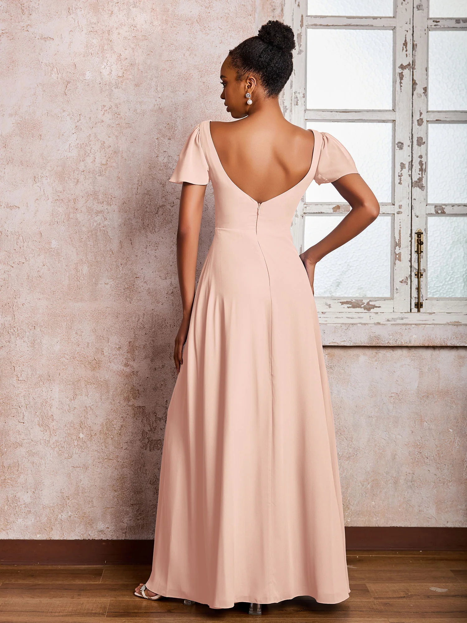 Flutter Sleeves Chiffon Scoop A-line Dresses with Slit Pearl Pink - Image 2