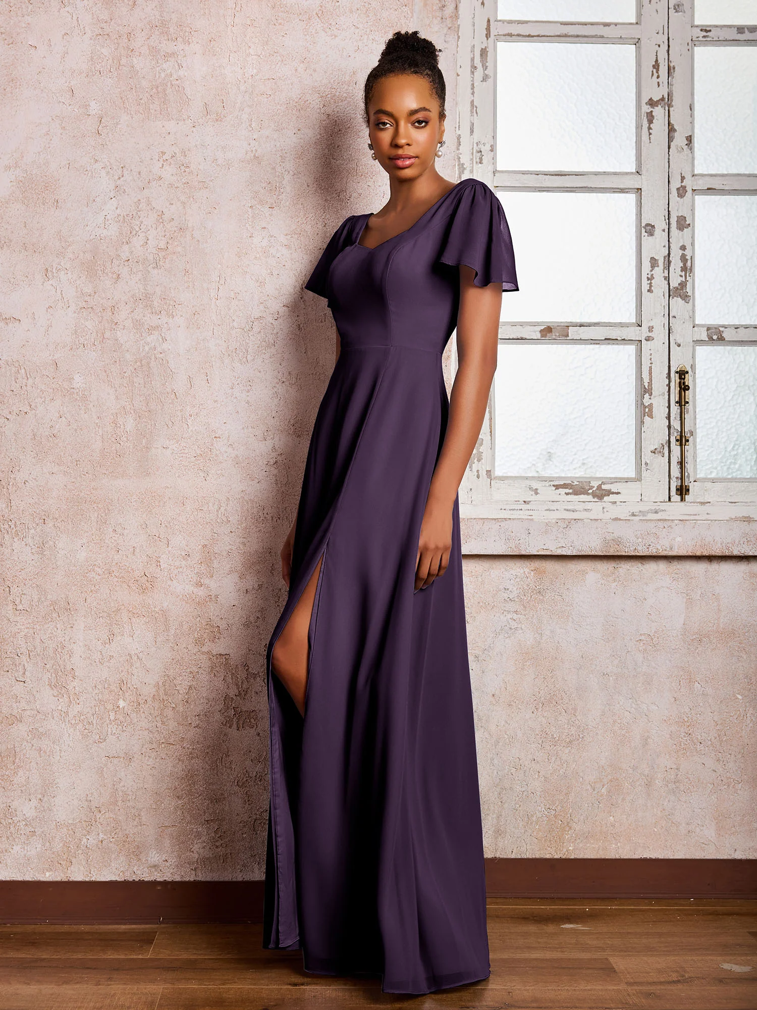 Flutter Sleeves Chiffon Scoop A-line Dresses with Slit Plum - Image 3