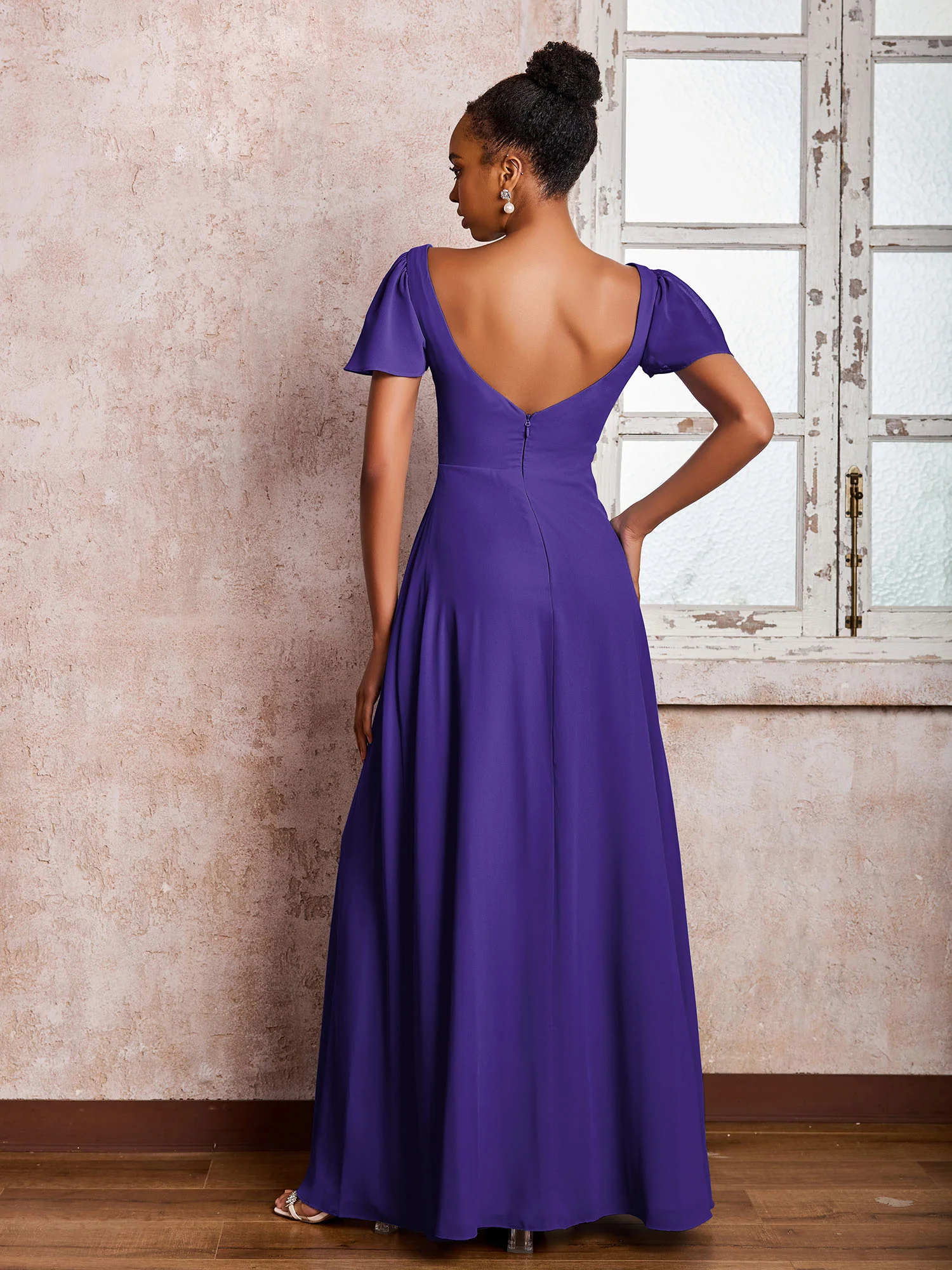 Flutter Sleeves Chiffon Scoop A-line Dresses with Slit Regency - Image 2