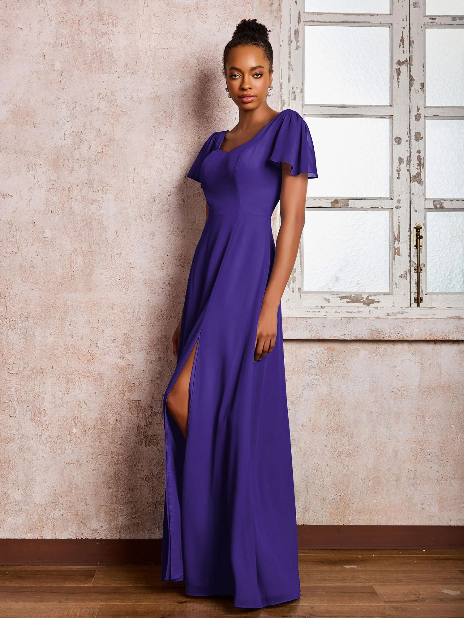 Flutter Sleeves Chiffon Scoop A-line Dresses with Slit Regency - Image 3