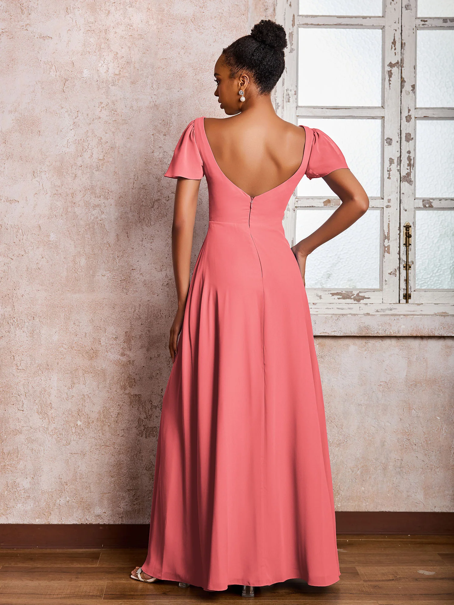 Flutter Sleeves Chiffon Scoop A-line Dresses with Slit Watermelon - Image 2