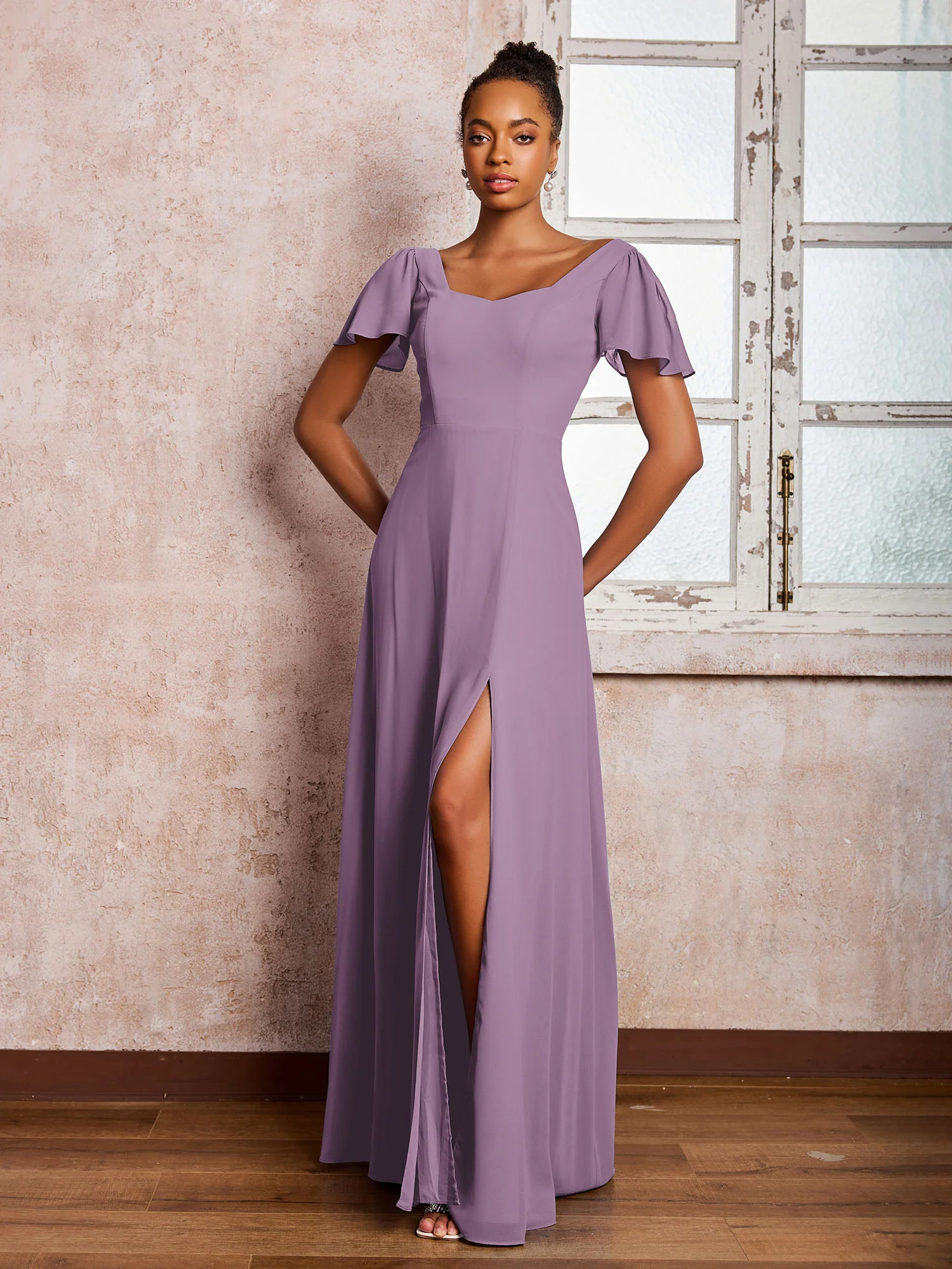 Flutter Sleeves Chiffon Scoop A-line Dresses with Slit Wisteria