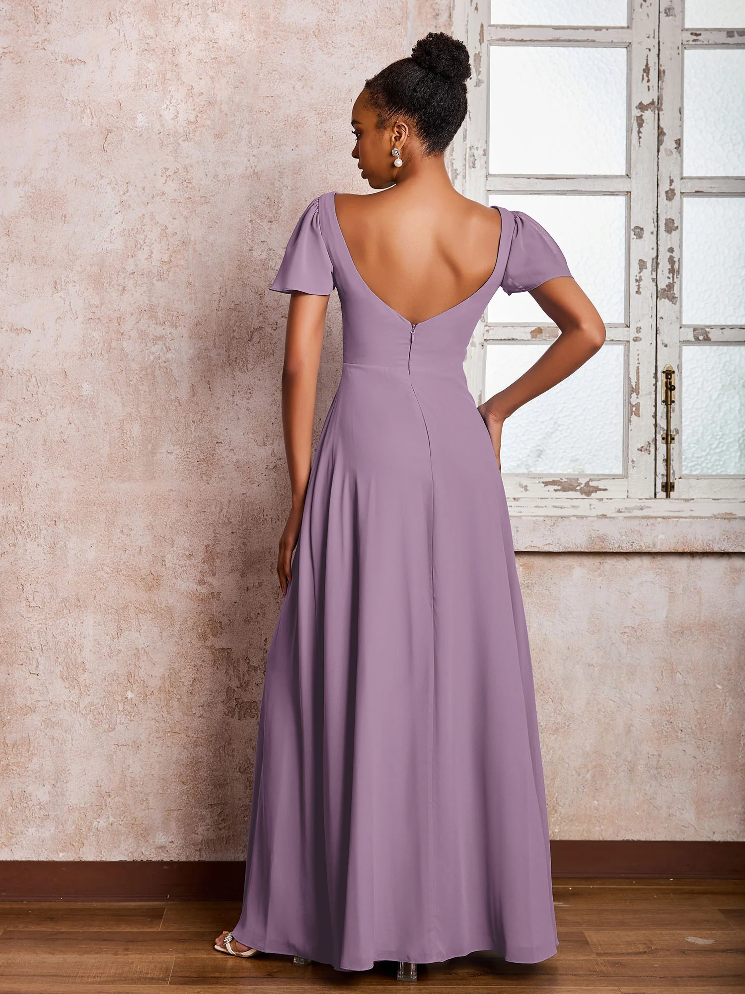 Flutter Sleeves Chiffon Scoop A-line Dresses with Slit Wisteria - Image 2