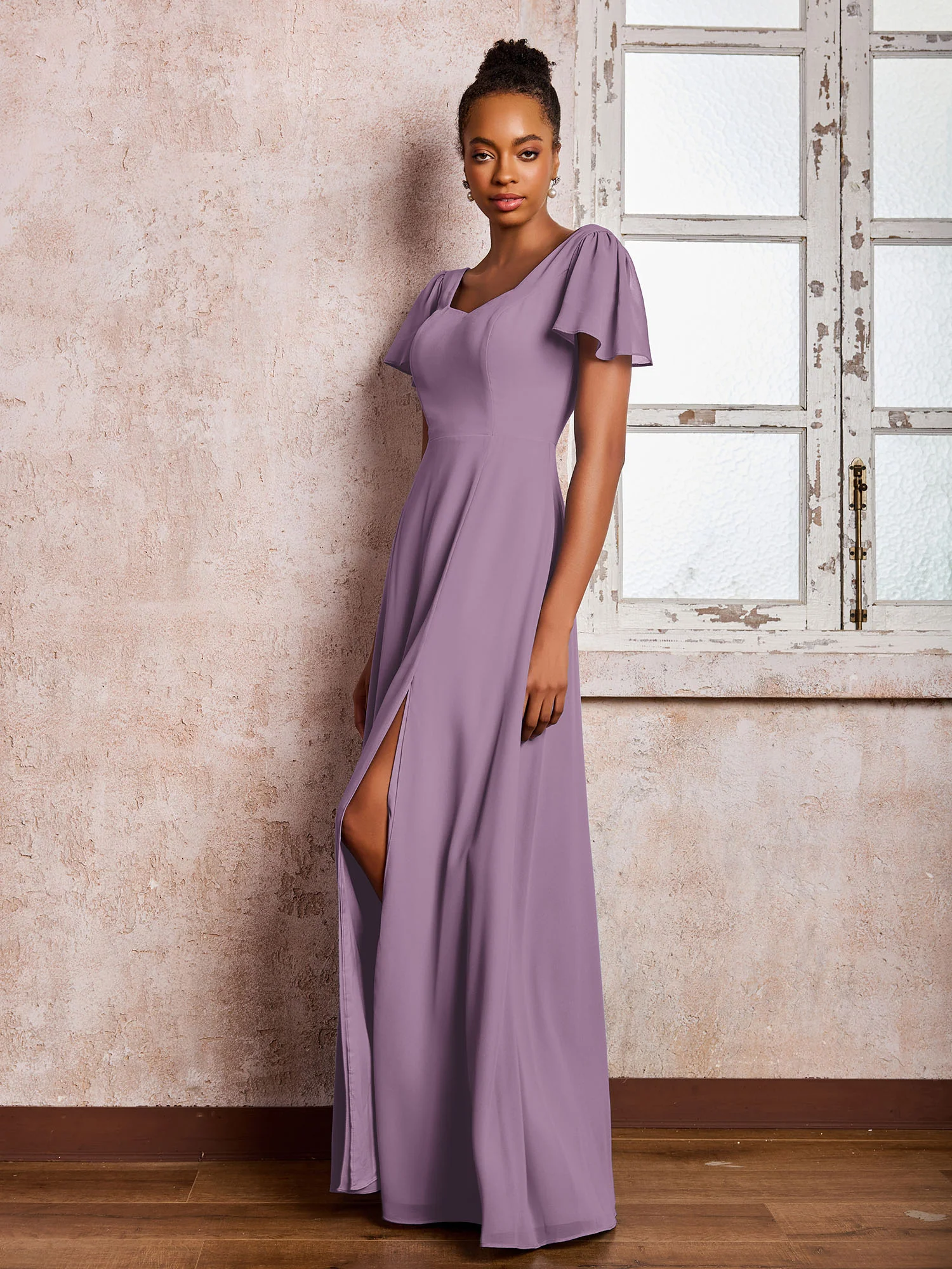 Flutter Sleeves Chiffon Scoop A-line Dresses with Slit Wisteria - Image 3
