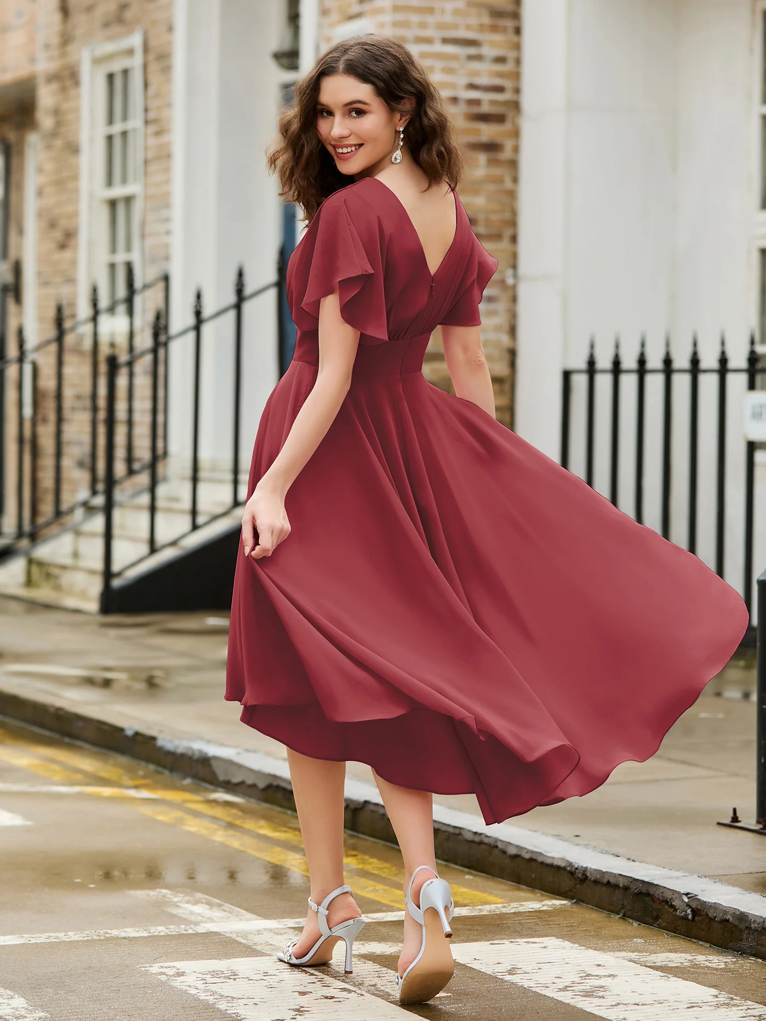 Flutter Sleeves Jewel Neckline Chiffon Dress Cinnamon Rose - Image 2