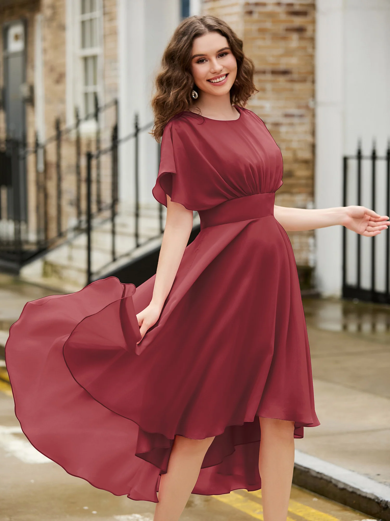 Flutter Sleeves Jewel Neckline Chiffon Dress Cinnamon Rose - Image 3