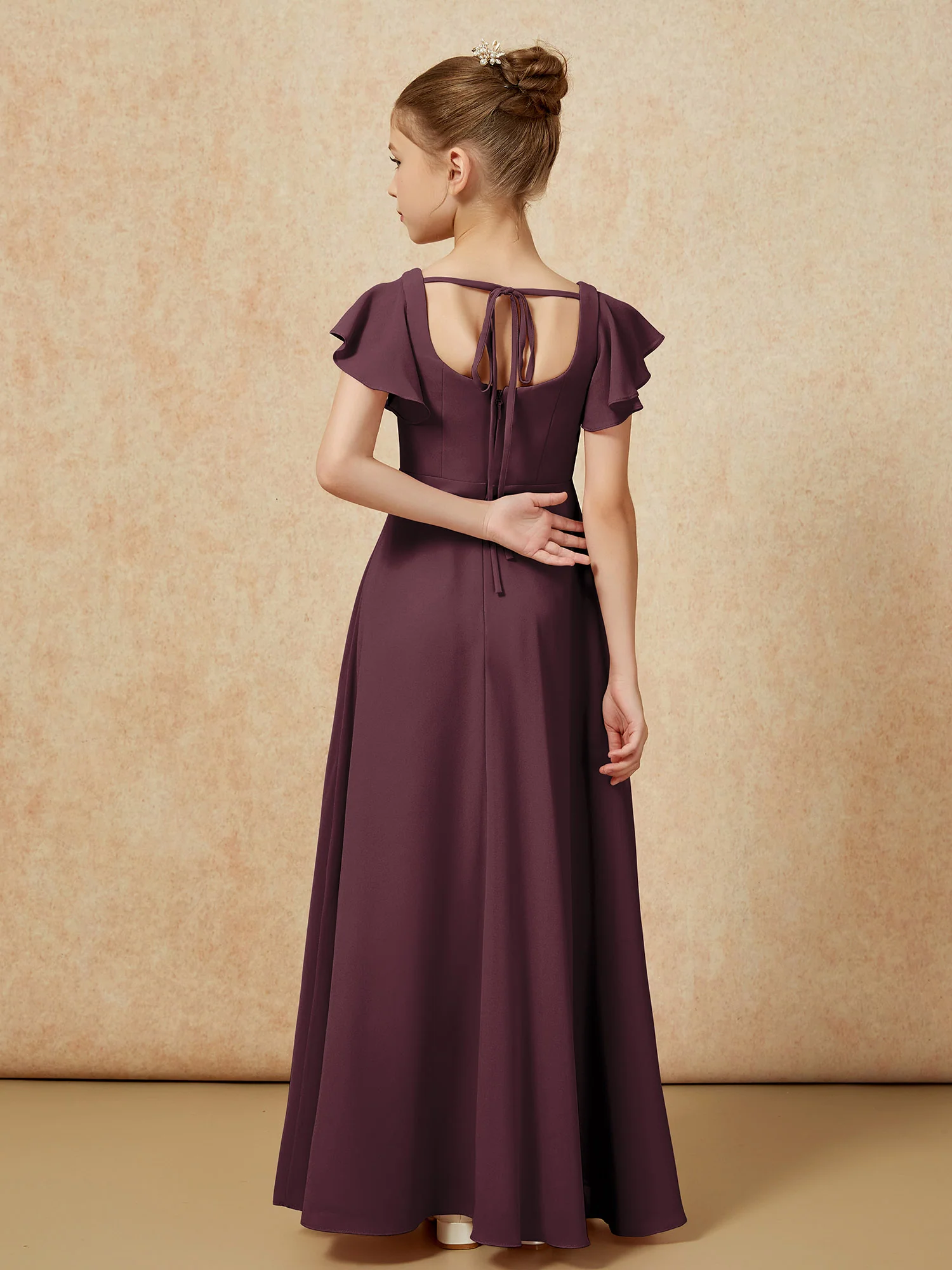 Flutter Sleeves Long Junior Bridesmaid Dresses With Slit Cabernet - Image 2