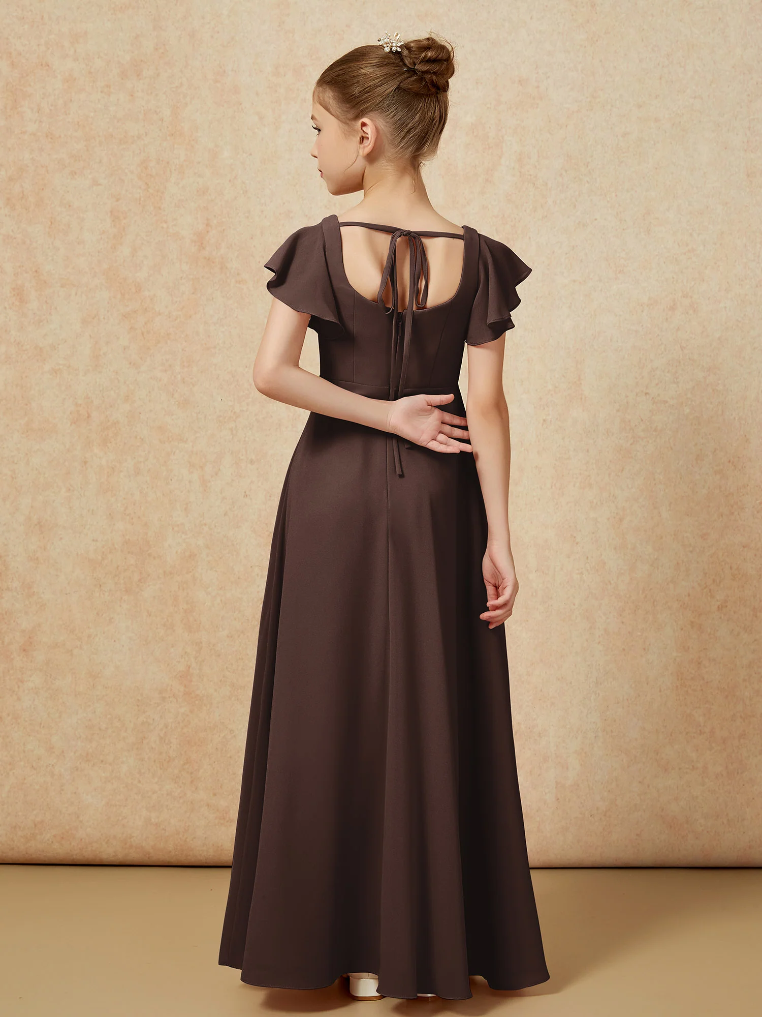 Flutter Sleeves Long Junior Bridesmaid Dresses With Slit Chocolate - Image 2