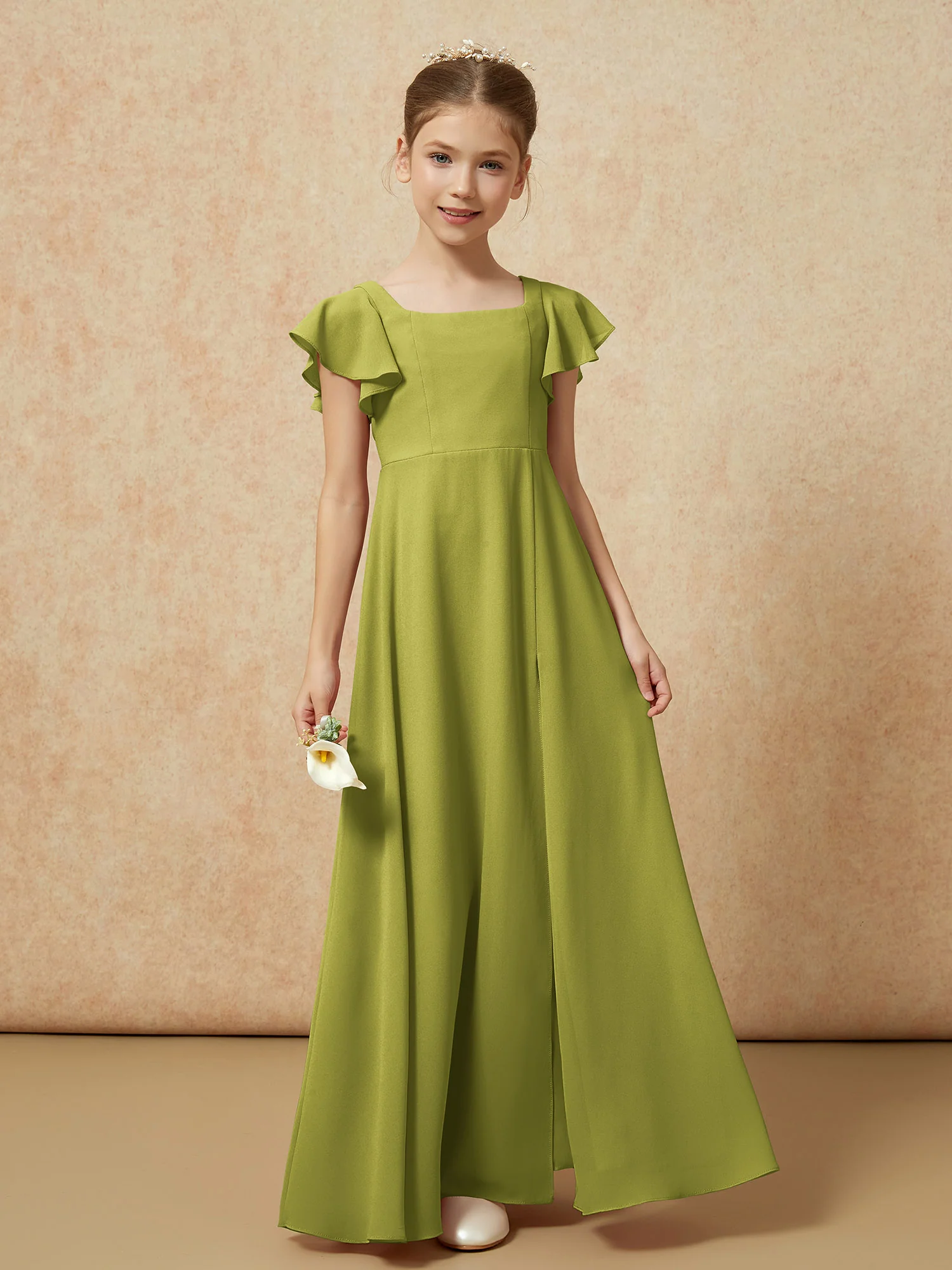 Flutter Sleeves Long Junior Bridesmaid Dresses With Slit Clover - Image 4