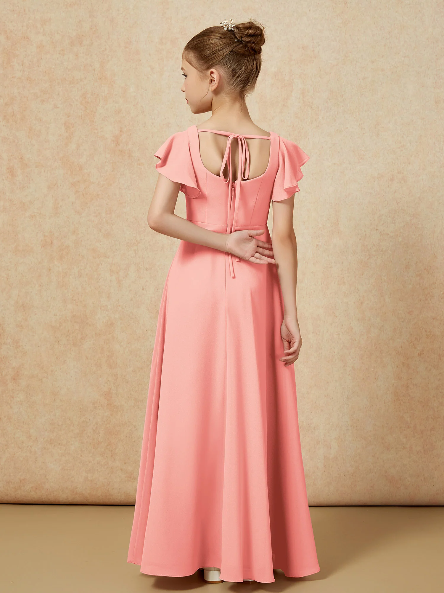 Flutter Sleeves Long Junior Bridesmaid Dresses With Slit Coral - Image 2