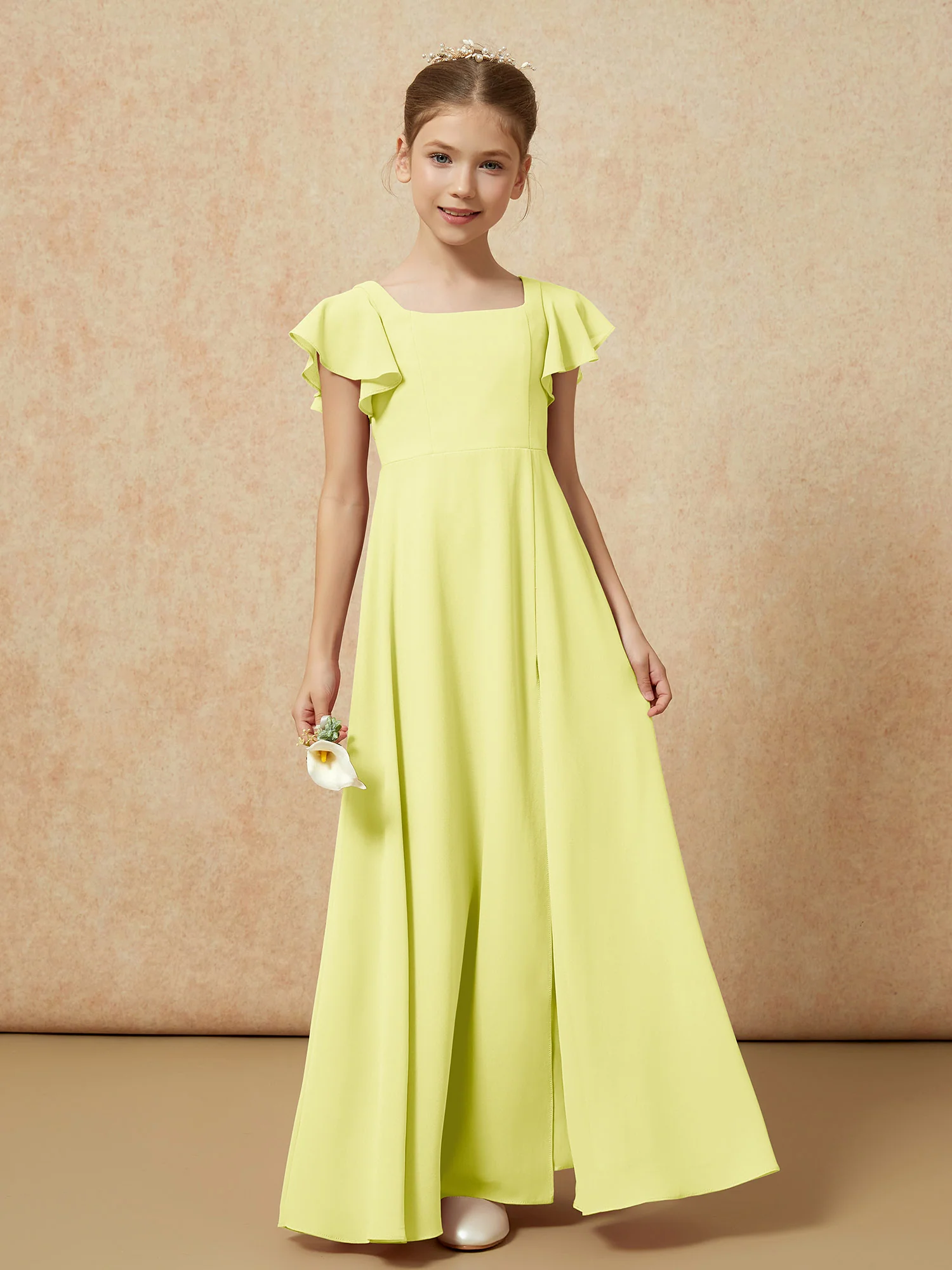 Flutter Sleeves Long Junior Bridesmaid Dresses With Slit Daffodil - Image 4
