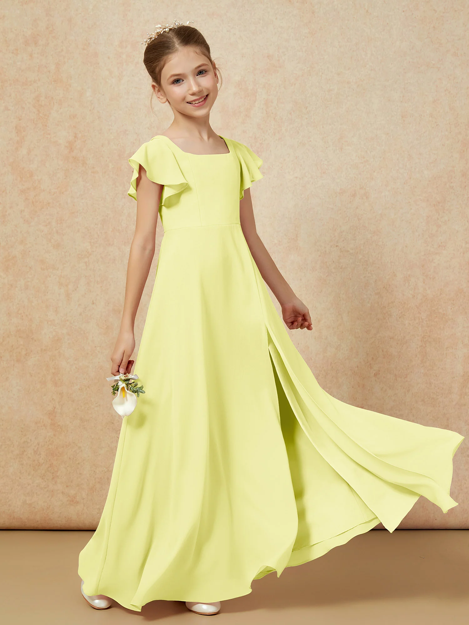 Flutter Sleeves Long Junior Bridesmaid Dresses With Slit Daffodil - Image 6