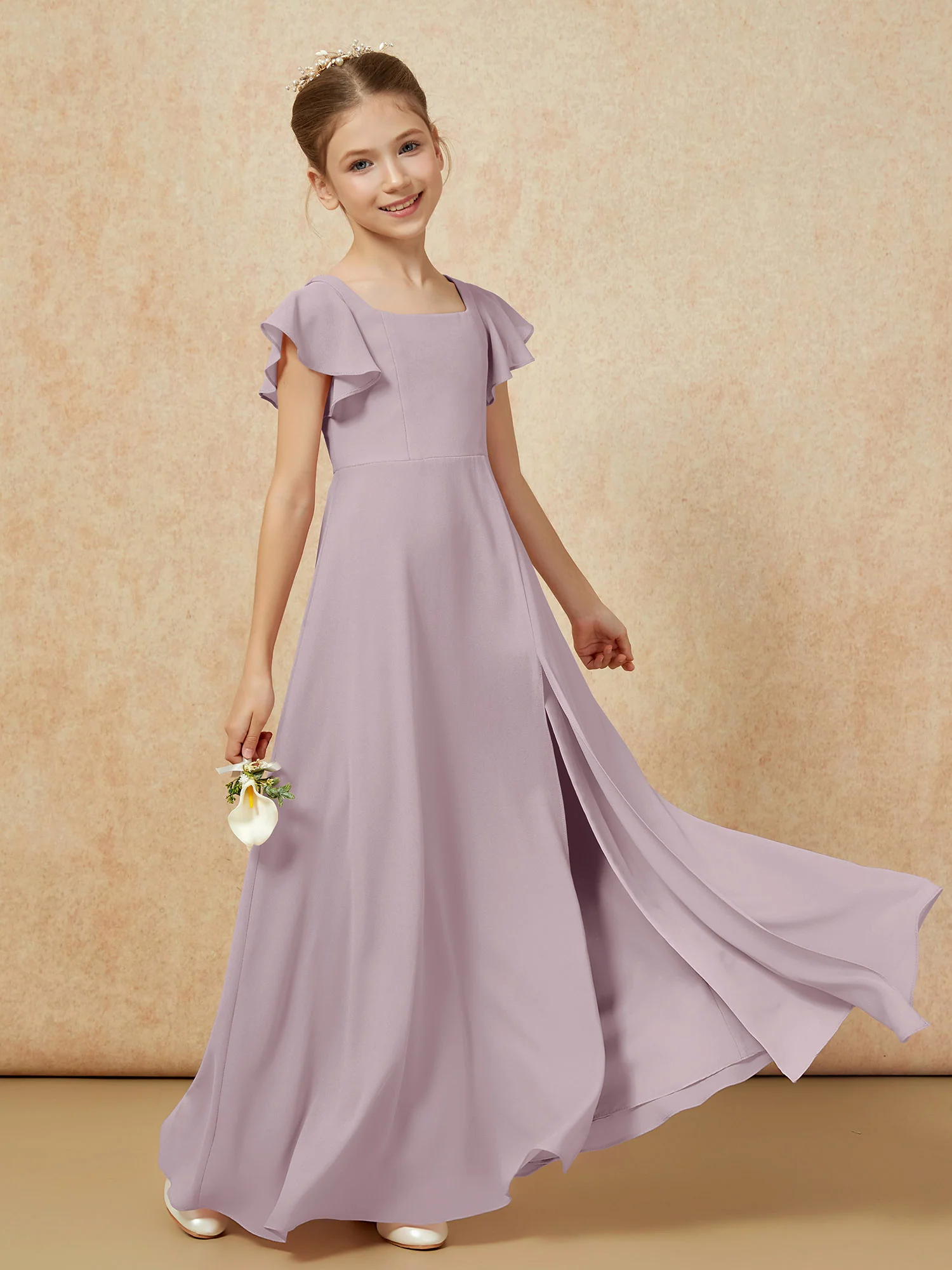 Flutter Sleeves Long Junior Bridesmaid Dresses With Slit Dusk - Image 6