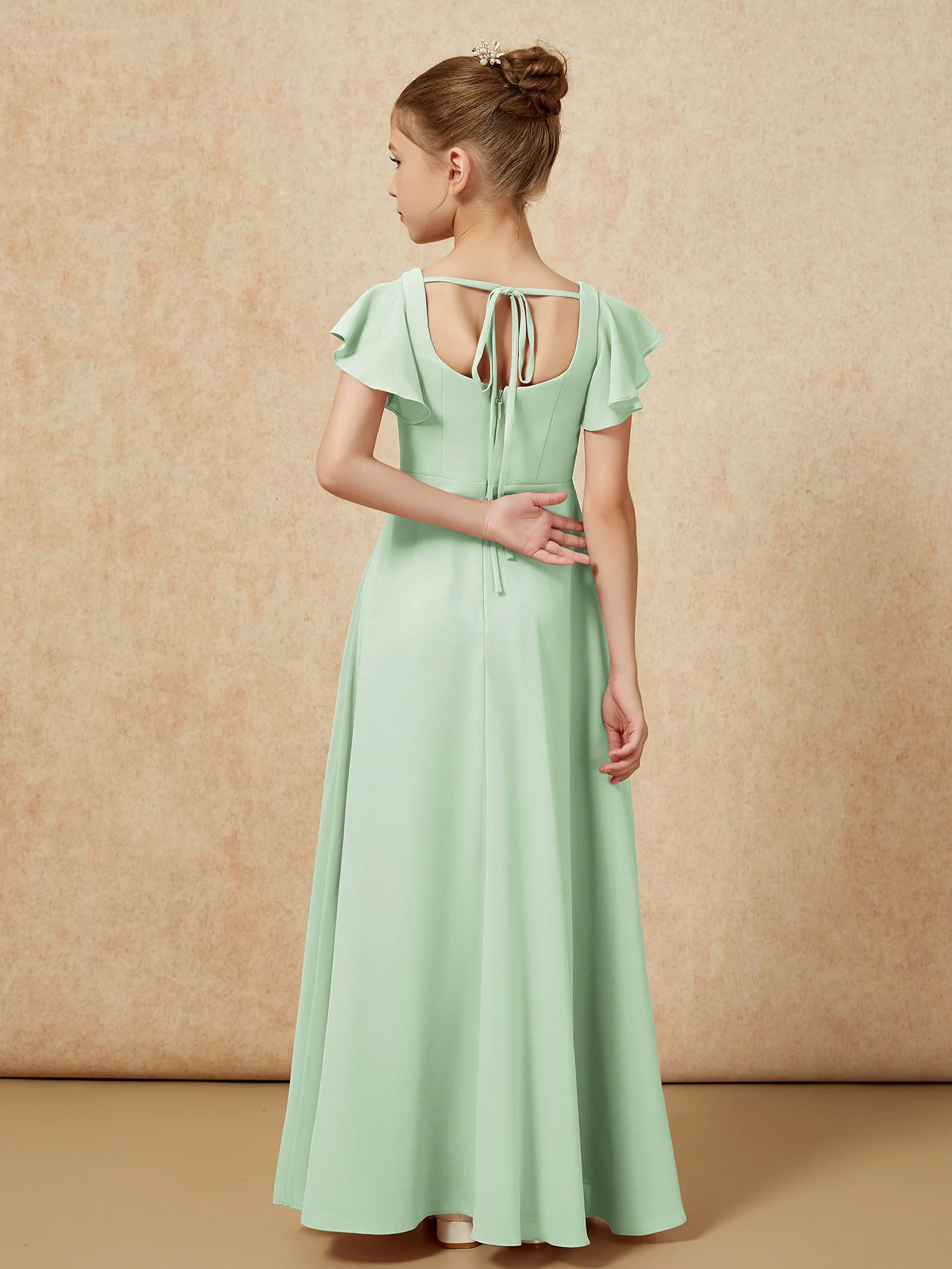 Flutter Sleeves Long Junior Bridesmaid Dresses With Slit Dusty Sage - Image 2