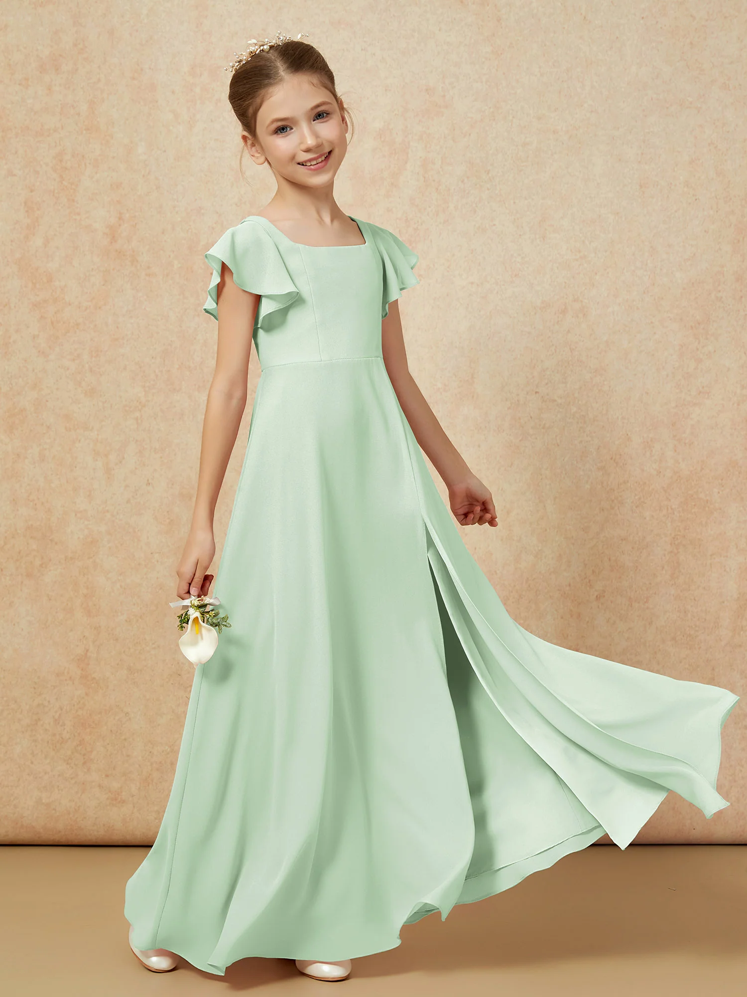 Flutter Sleeves Long Junior Bridesmaid Dresses With Slit Dusty Sage - Image 6