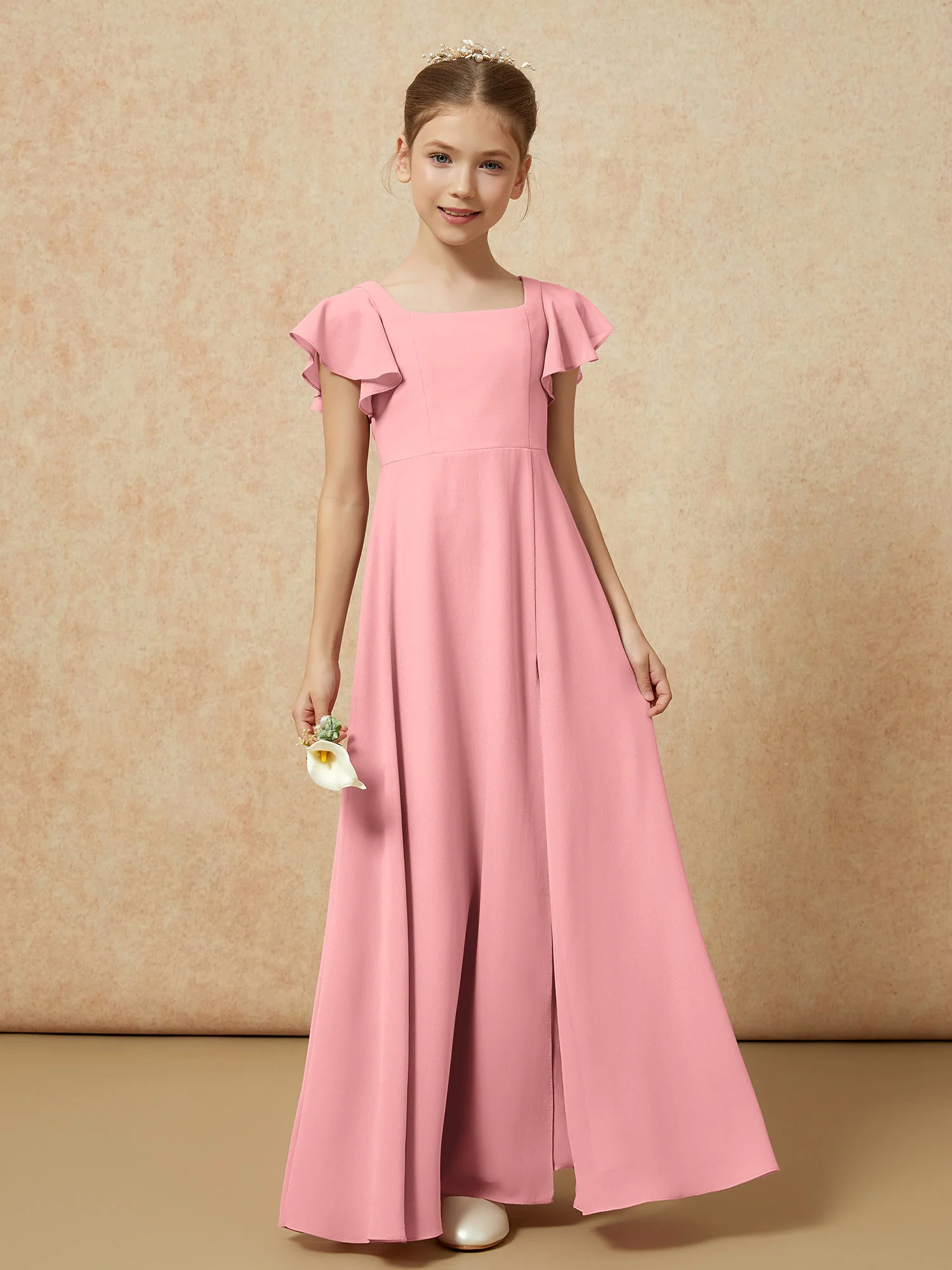 Flutter Sleeves Long Junior Bridesmaid Dresses With Slit Flamingo - Image 4